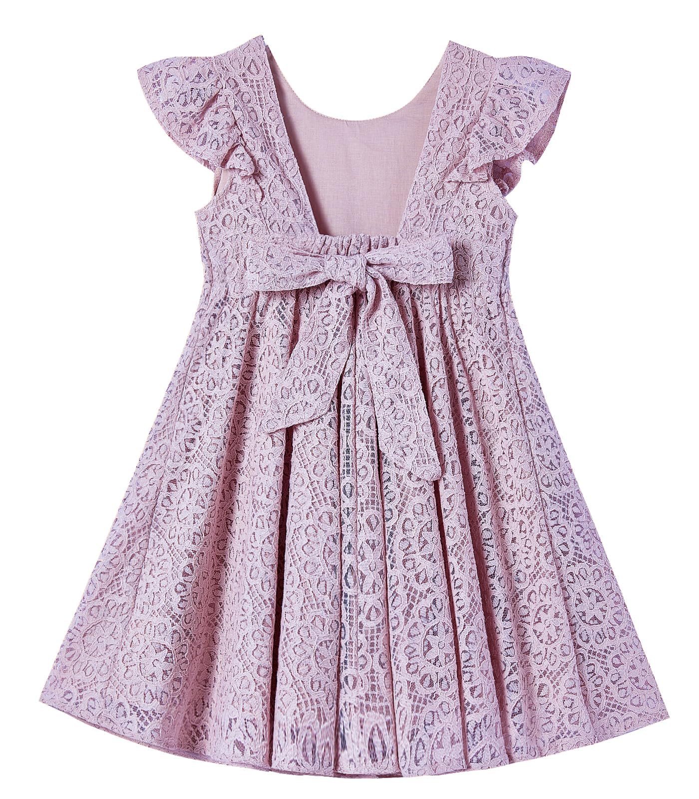 Rysly Toddler Girls Backless Flutter Sleeve Lace Party Dress Elastic Waist Bow Kid Casual Dresses (Dusty Purple,110)