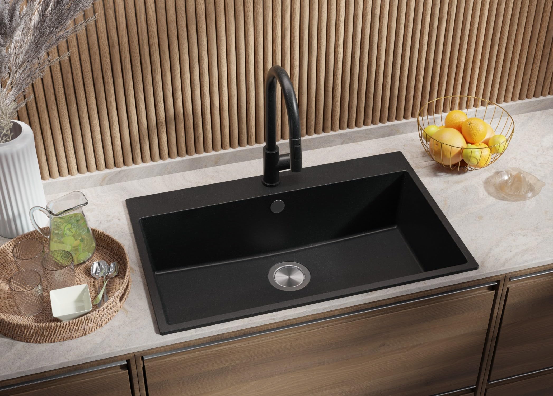 PRIMAGRAN Lavello da Cucina Grafite 78x50cm, Lavandino in Granito a 1 vasca + Sifone Classico, Lavabo da Cucina Incasso al Mobile 80cm - Riga S397