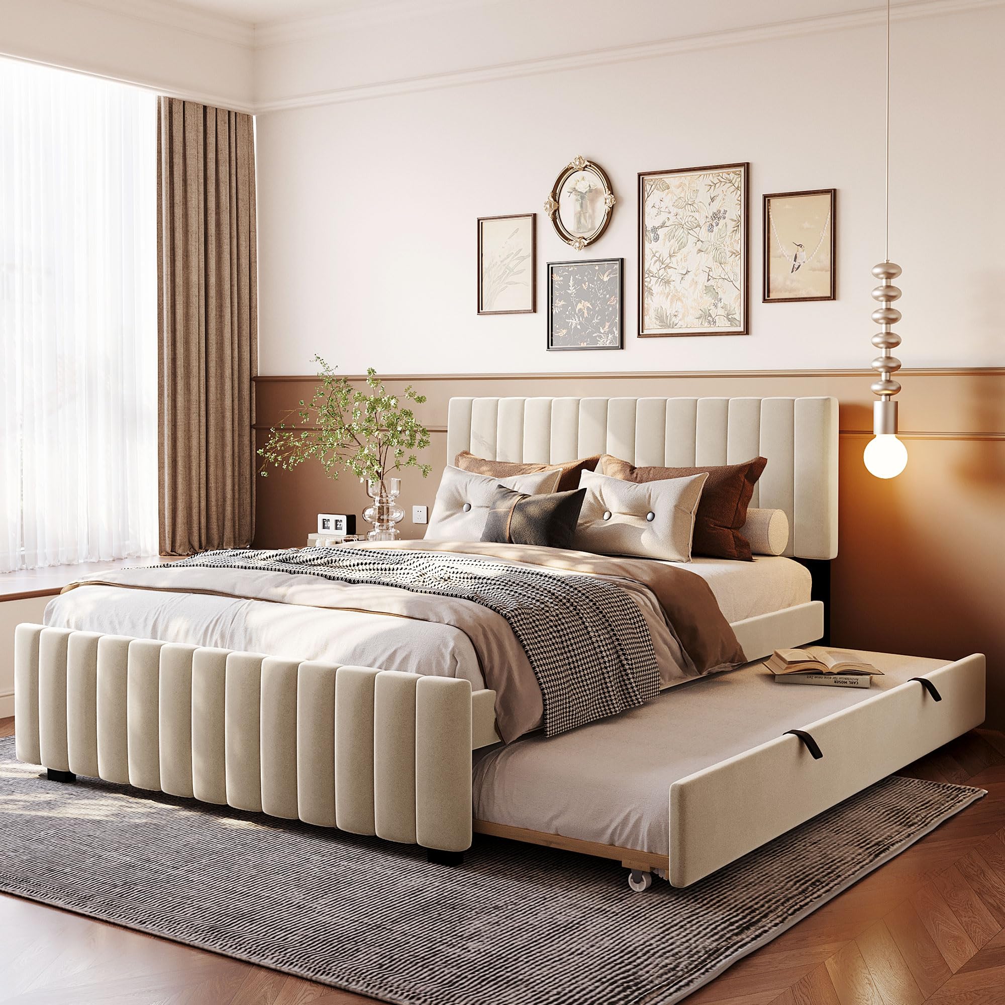 Merax Queen Velvet Platform Bed with Twin XL Trundle