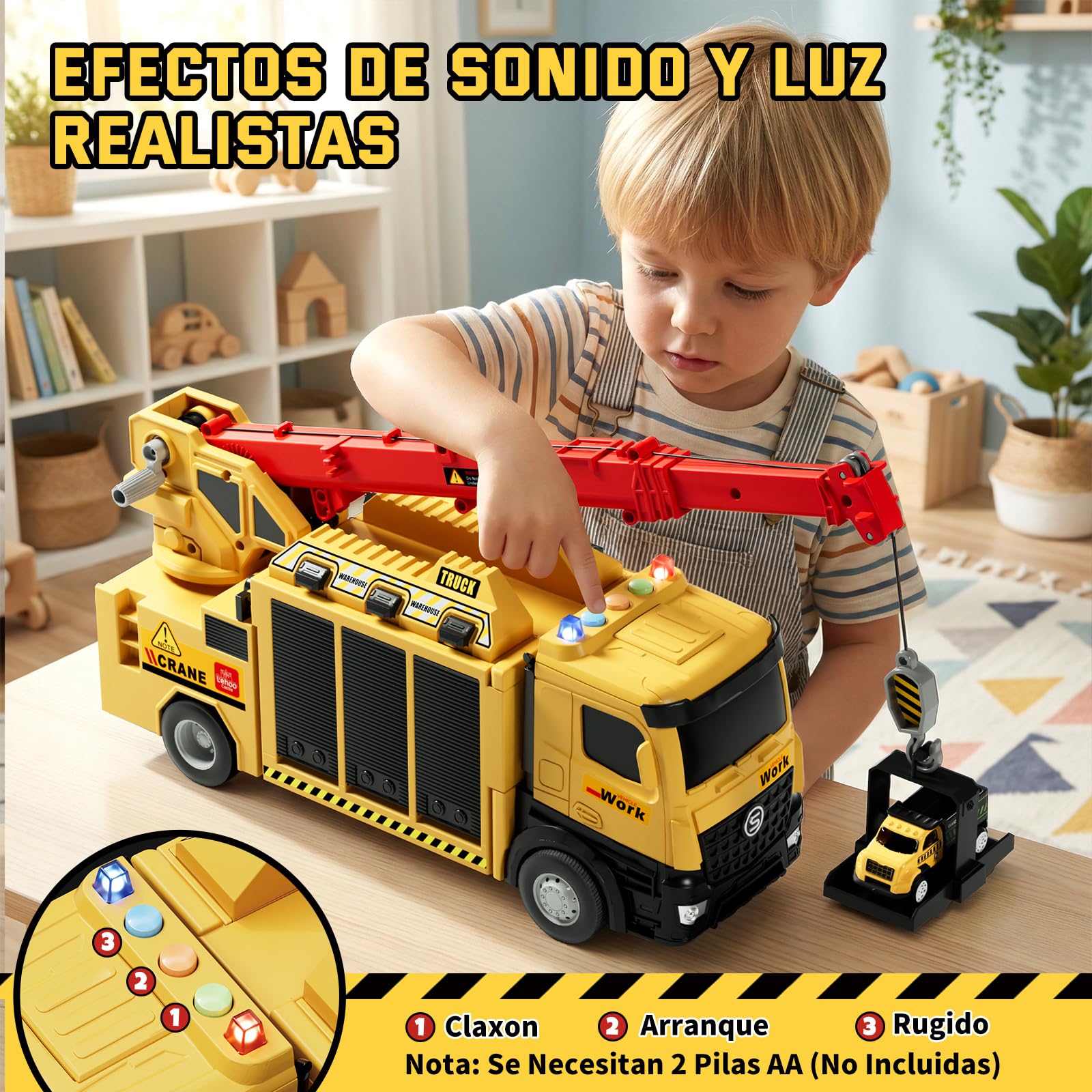 Lehoo Castle Camión de Juguete con Grúa Luz y Sonido, Vehículos de Construcción Regalo para Niños de 3 4 5 6 Años, Garaje Coches Juguete con 6 Mini Excavadora Tractor y Piezas de Construcción