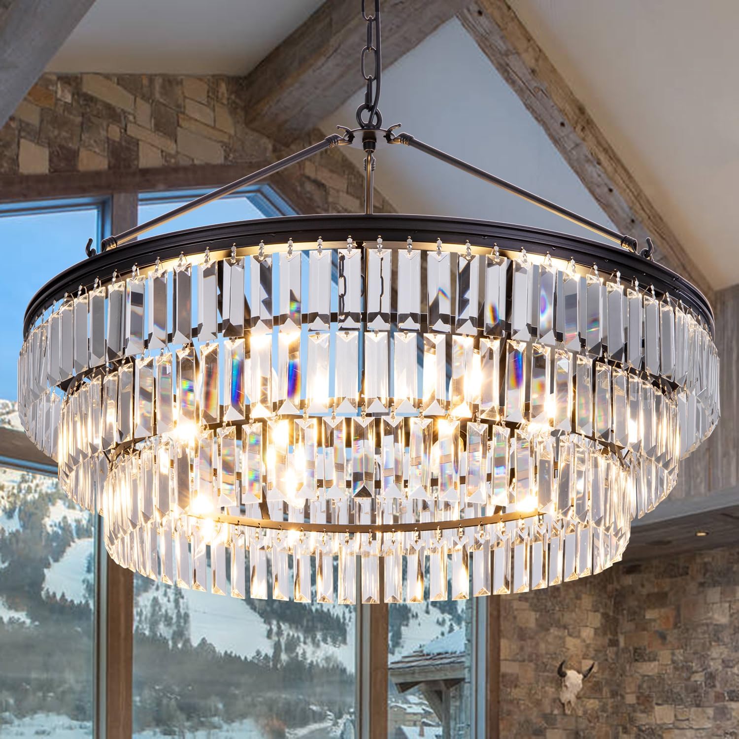 TOCHIC Farmhouse Crystal Chandelier,29" Black Crystal Dining Living Room Chandelier Light Fixtures,Modern Foyer Chandelier for Entryway,Adjustable Round Hanging Chandelier for Bedroom Kitchen