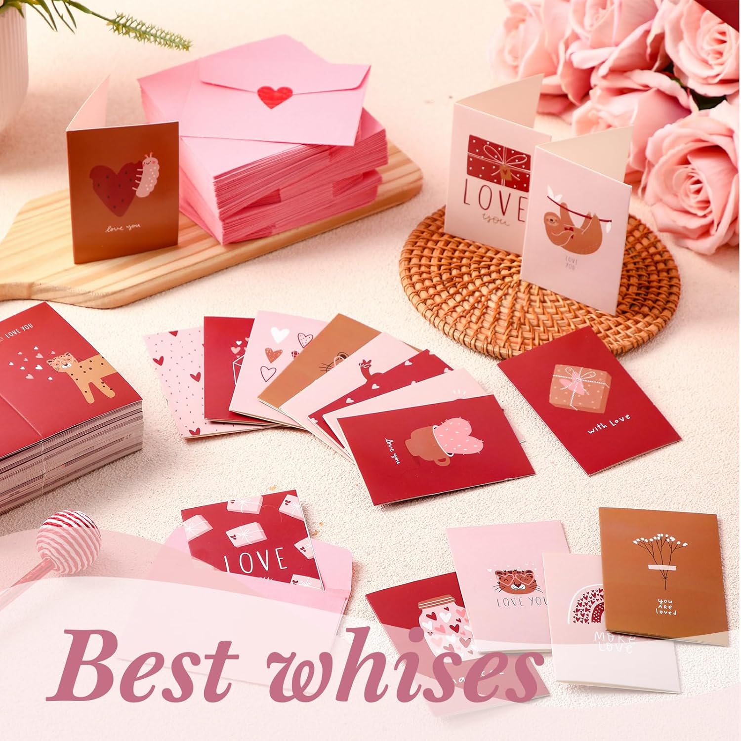 Resurhang 240 Pcs Mini Valentine's Day Cards with Envelopes Bulk for Classroom Kids Greeting 3.5 x 2.4'' Foldable Love Heart Greeting Wedding Card with Envelopes Stickers for Valentines Day
