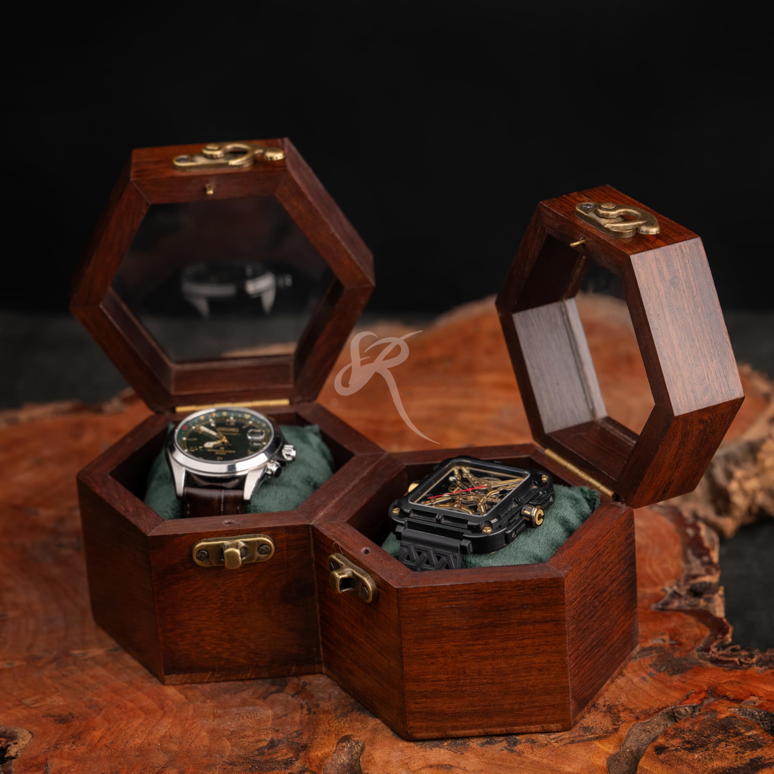 Boîte à Montres Double Fente pour Homme - Rangement en Palissandre Foncé - Cadeau de Saint-Valentin - Organisateur