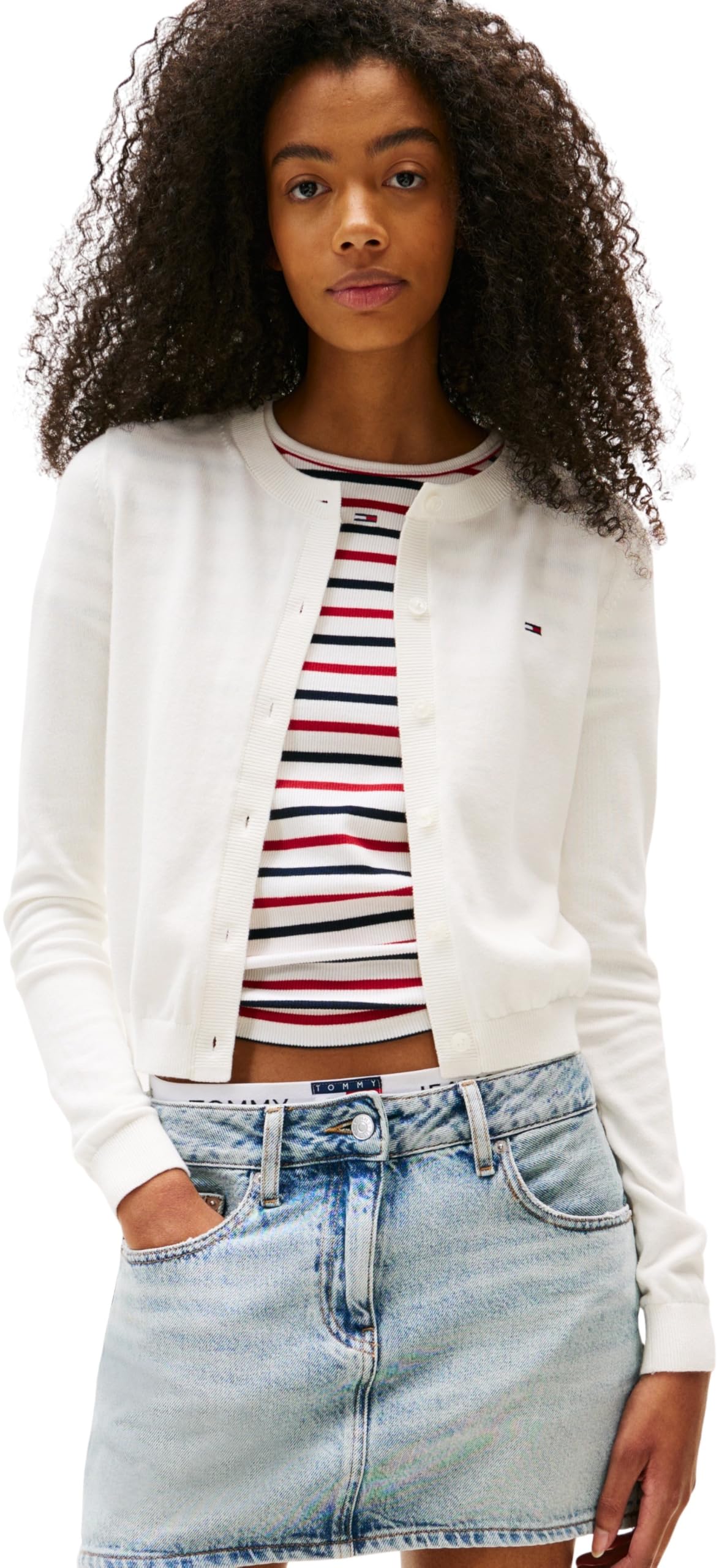 Tommy Jeans Women’s Essential Crew Neck Cardigan with Buttons, White (Ecru), XS