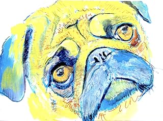Yellow Blue Pug Art Print, Colorful Pug Watercolor, Pug Mom Gift, Pug Dog Art, Dog Wall Art Decor, Pug Decor hand signed pug art by Oscar Jetson
