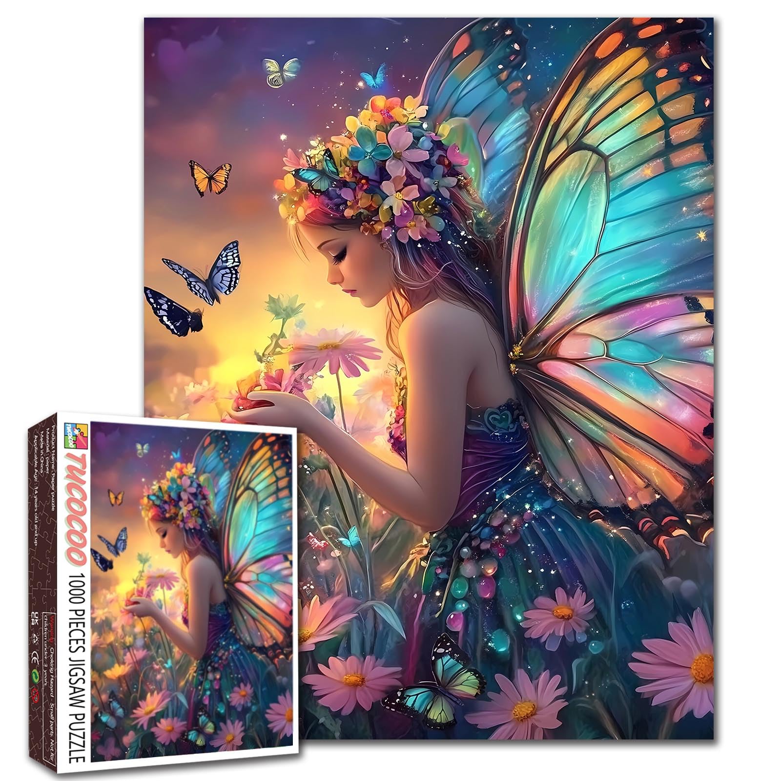 Fairy Girl Jigsaw Puzzles 1000 Pieces for Adults, Families (Woman,Butterfly,Garden Flowers) Pieces Fit Together Perfectly 19.7''x27.6''inch Female with Buterfly Wings Frameable Magic Puzzle Art Gift — image 1