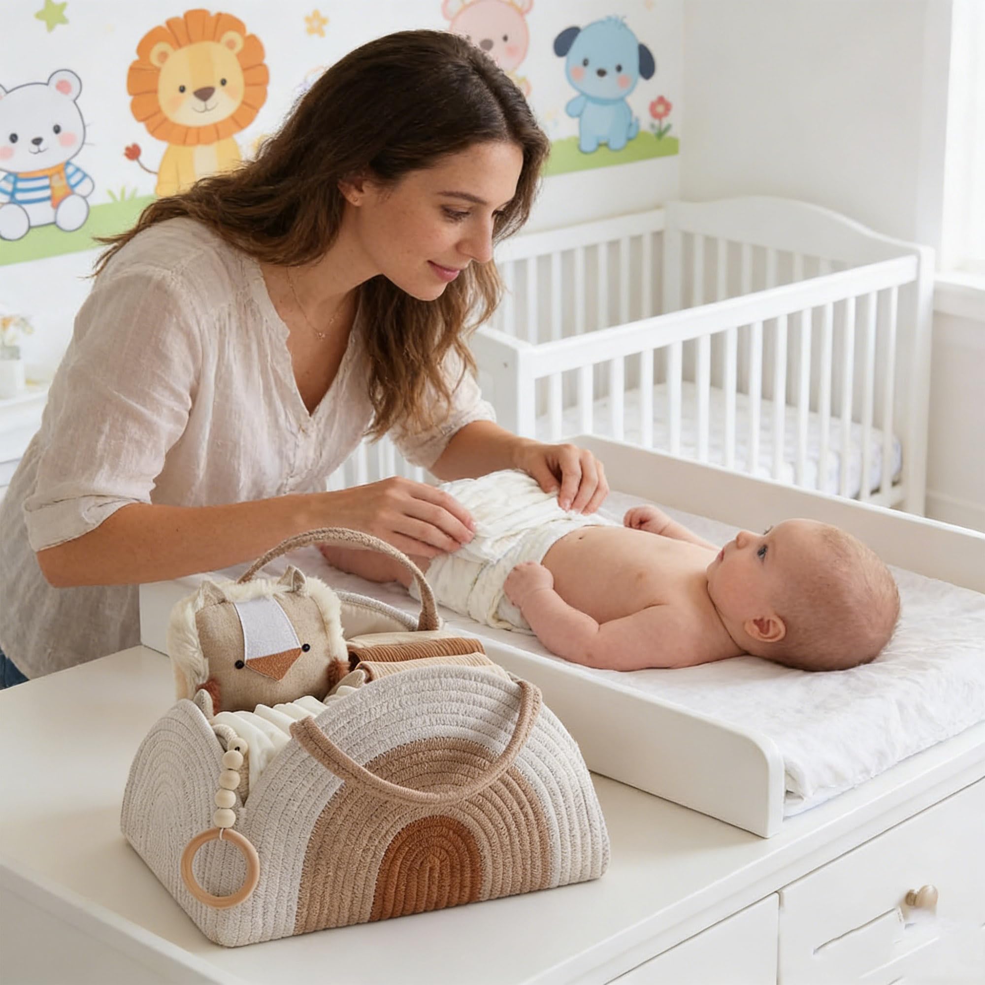 YUEMING Cestino Porta Pannolini, Organizer Fasciatoio per Neonati, Cesto Prodotti Neonato con Divisorio, Cestino Porta Pannolini Fasciatoio, Baby Pannolino Caddy Organizer (Bianco)
