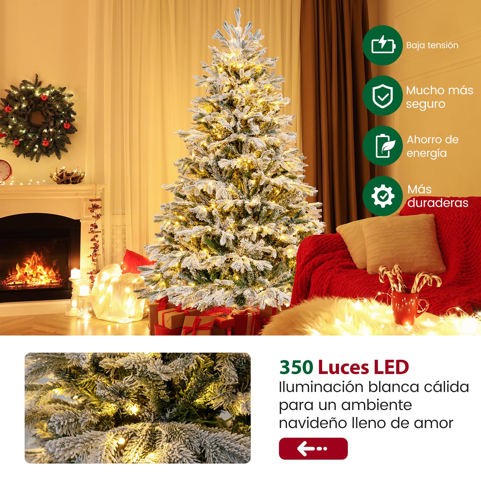 COSTWAY Arbol de Navidad Nevado con Luces 180cm, Arbol de Navidad con Luces Incorporadas, 350 Luces LED Blancas Cálidas, 1022 Puntas de PE y PVC, Arvore de Natal Hogar Oficina Tienda(180cm)