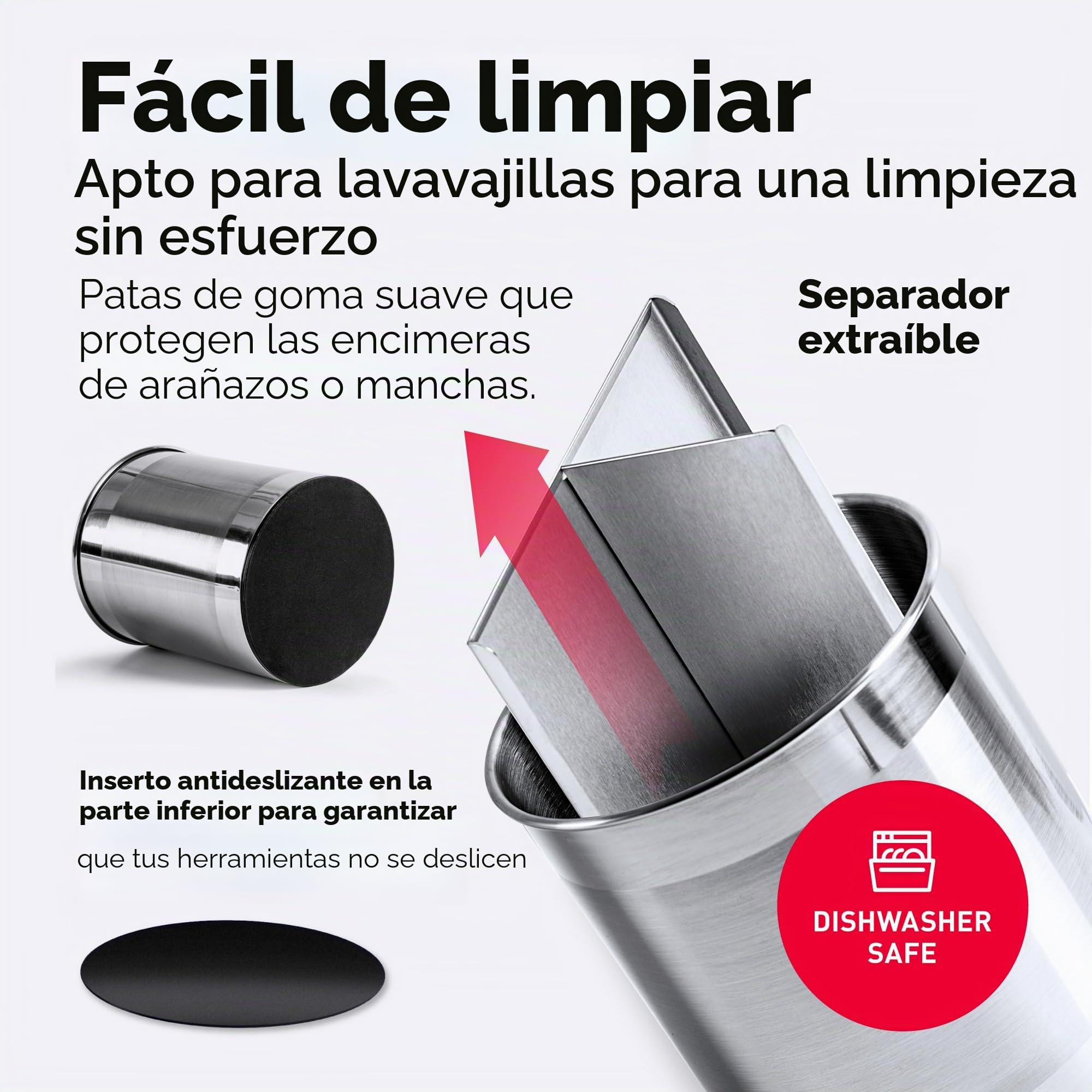 Soporte para Utensilios de Cocina COOLER con Base Estable Antivuelco, Divisor Removible y Fondo con Inserto Antideslizante. Lavavajillas