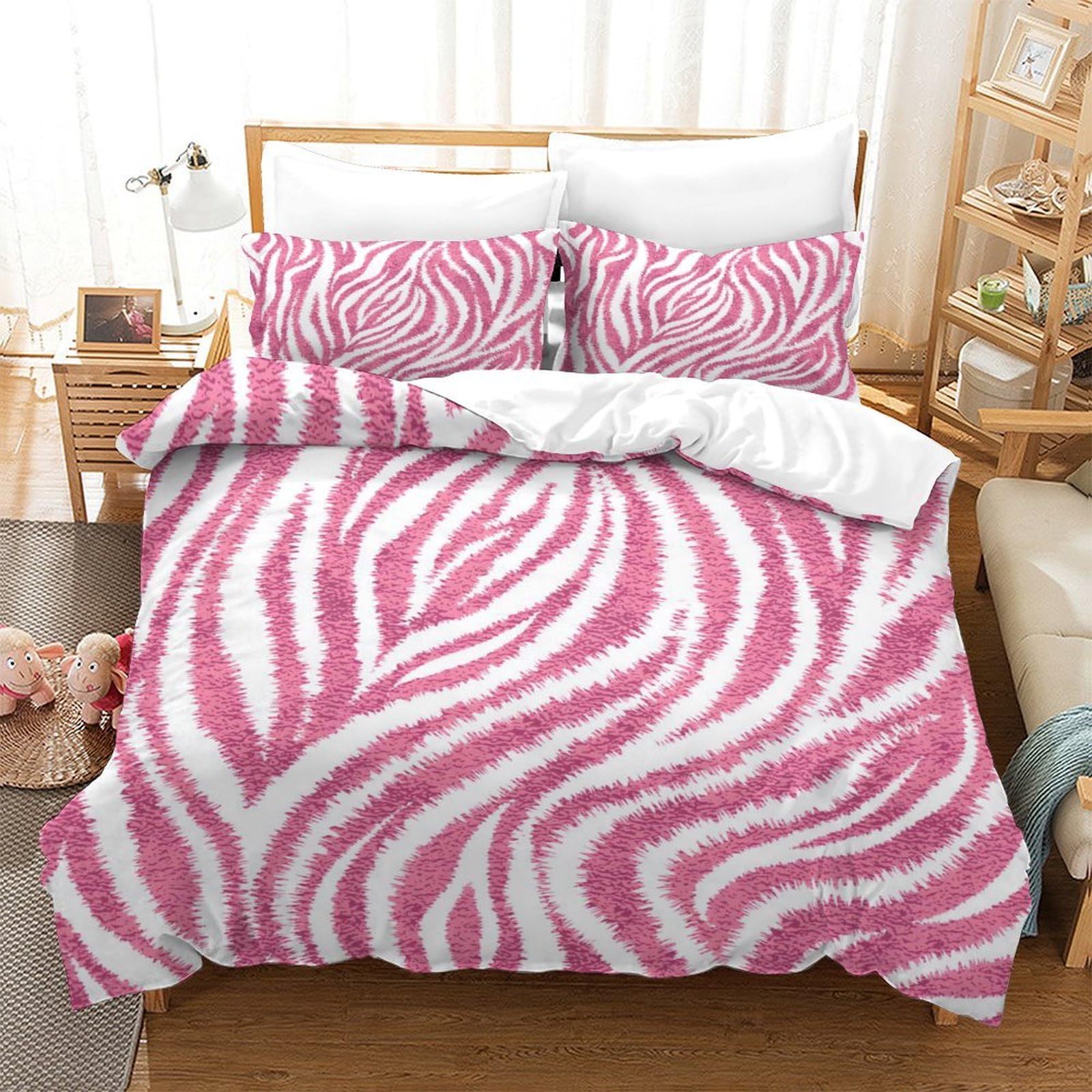 GDEKCIEAS Pink Zebra Skin Bedding Set Kids Comforter Cover Set for Boys Girls Teens Home Decor Duvet Cover Bedspread Cover 3Pcs Single（140x200cm）