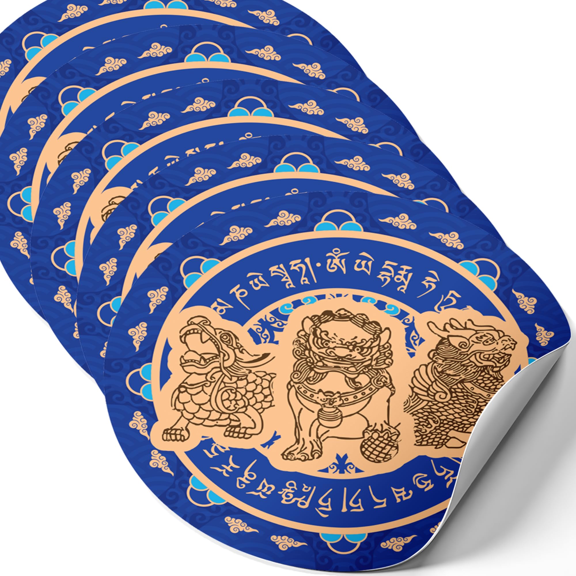 Three Celestial Guardians, Chakra Protection Wheel Feng Shui Stickers, Pi Yao, Chi Lin and Fu Dog, Protection Symbol, Feng Shui Gift, Decorative Stickers, New Chinese Year Gifts, Made in USA (5 Pack)