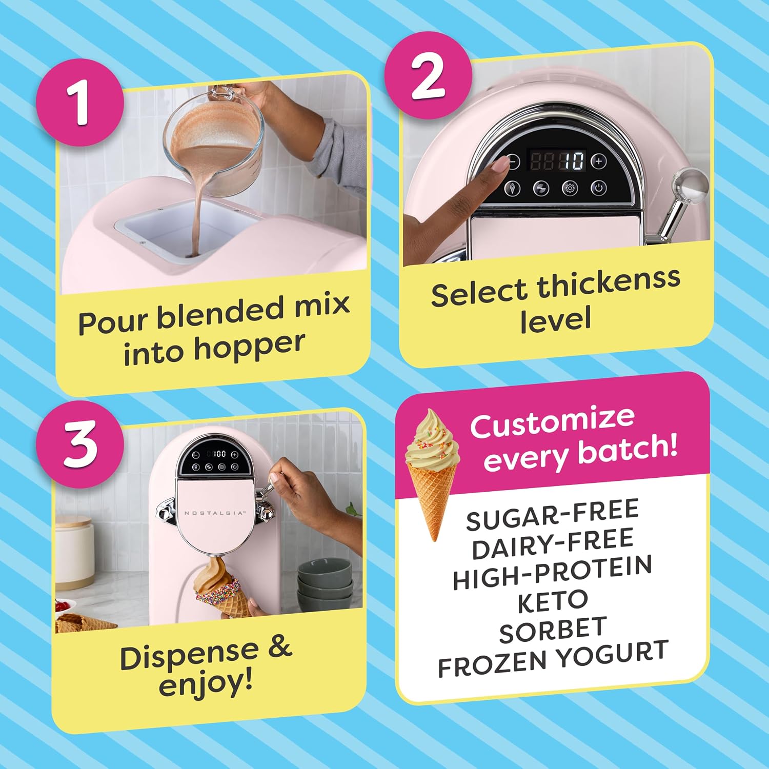 Nostalgia Retro Soft Serve Ice Cream Maker – Make 10/ Four Ounce Servings of Chocolate, Vanilla, Strawberry Flavors & More – Easy Dispensing Lever & Self Clean Mode – Ready in about 20 Minutes