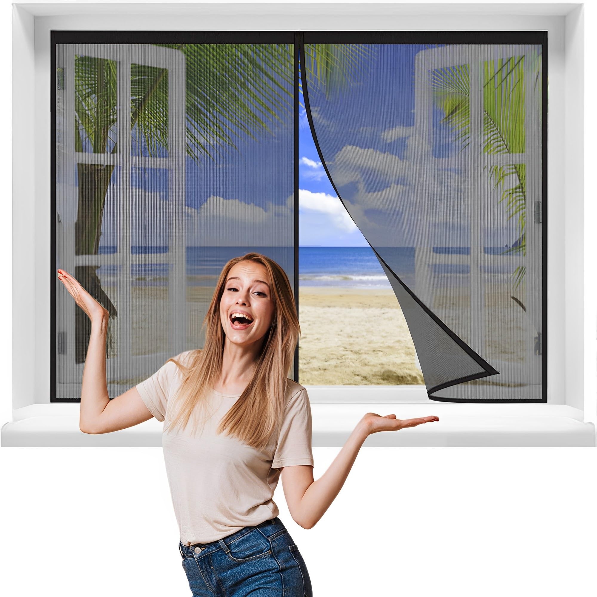 Magnetic Screen Window, 120x195cmAnti Mosquito Mesh Fly Curtain with Powerful Magnets & Full Frame Magic Tape, Keep Bugs Out & Lets Fresh Air in,Black