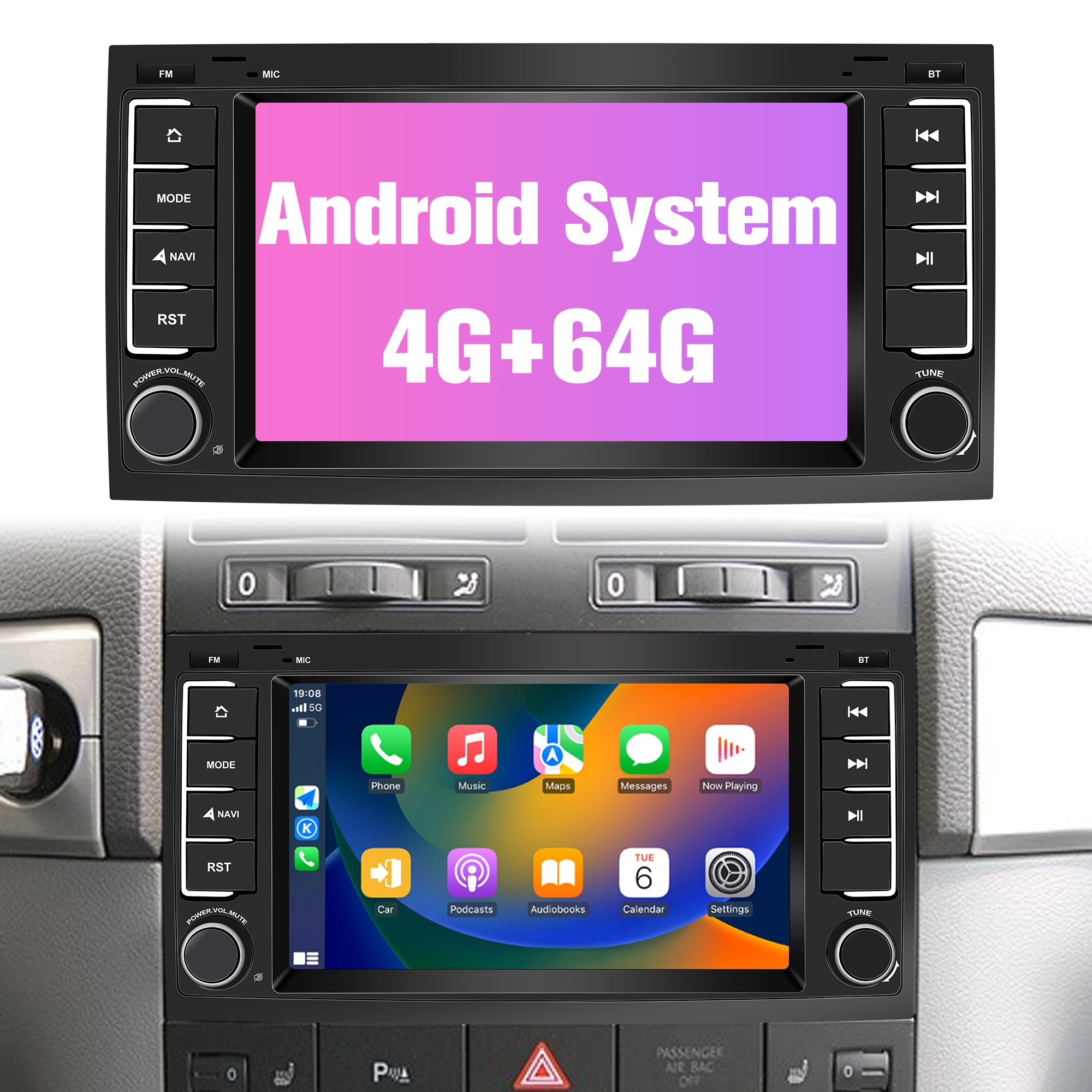 Radio for Touareg: 64G Double Din Car Stereo with Bluetooth AM FM Apple Carplay for VW Touareg 2004-2011, 7