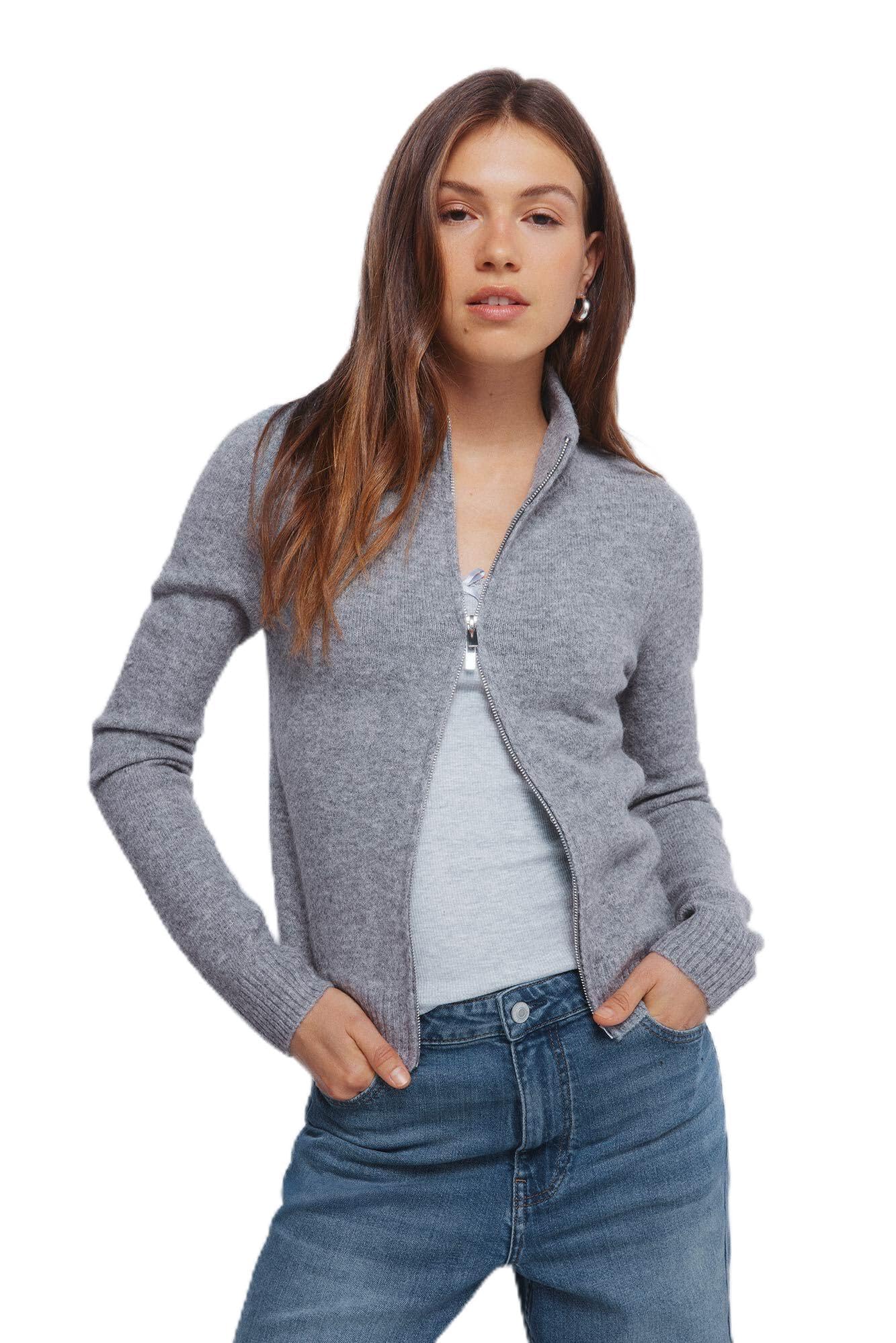 Springfield High Neck Cardigan with Front Zipper, Grey, XL para Mujer