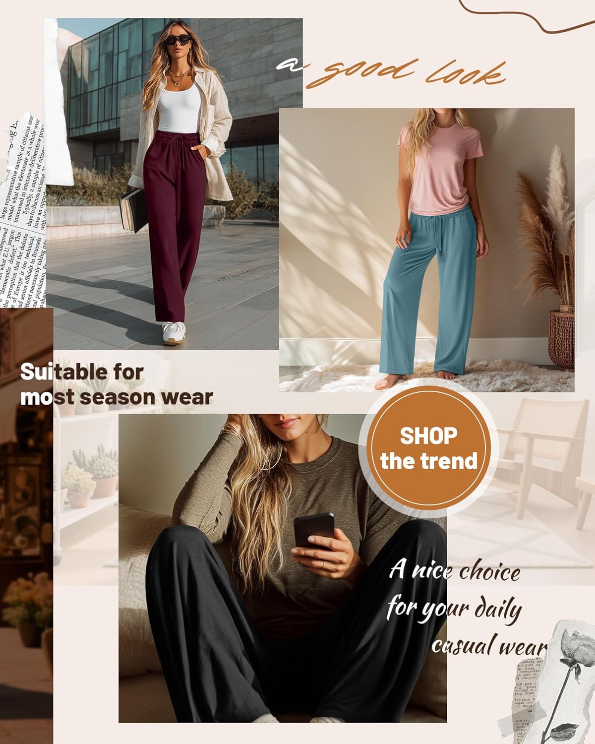 Neer 3 Pack Women's Baggy Sweatpants with Pockets, Wide Leg Yoga Pants Cozy Thick Lounge Pants Drawstring Casual Loose Jogger - Image 2