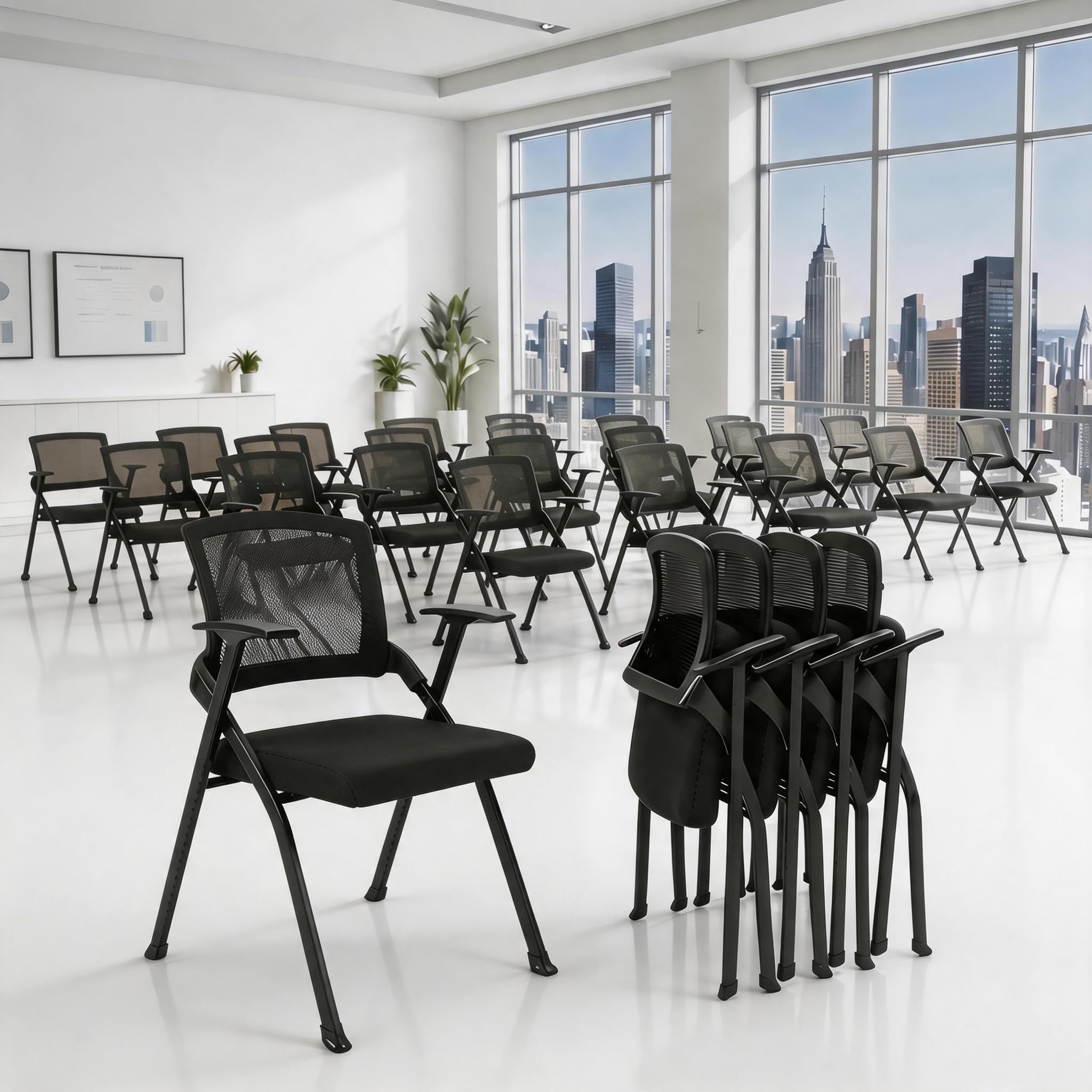 Folding Office Chair Conference Room Chair with Armrest Mesh Back, Stackable Foldable Office Chair for Guest Reception Meeting Classroom Training Seminar (4, Black)