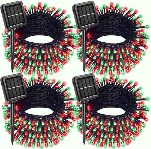 Miniatura 11 de Paquete de 4 luces solares rojas y blancas de Navidad para exteriores, impermeables, 400 luces LED de 132 pies, luces solares de hadas de alambre