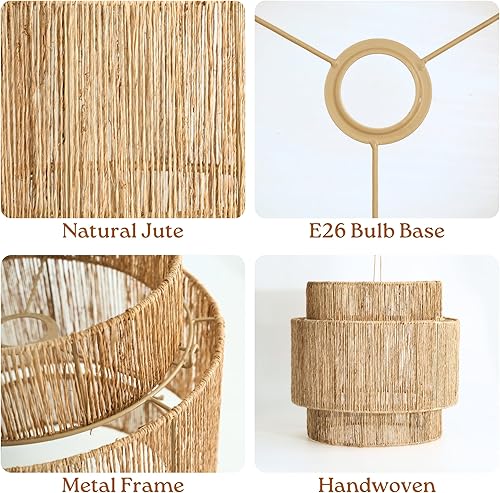 Miniatura 4 de Lámpara colgante de yute enchufable, lámpara colgante de mimbre natural con interruptor regulable de 3 vías, lámpara de techo colgante para isla de