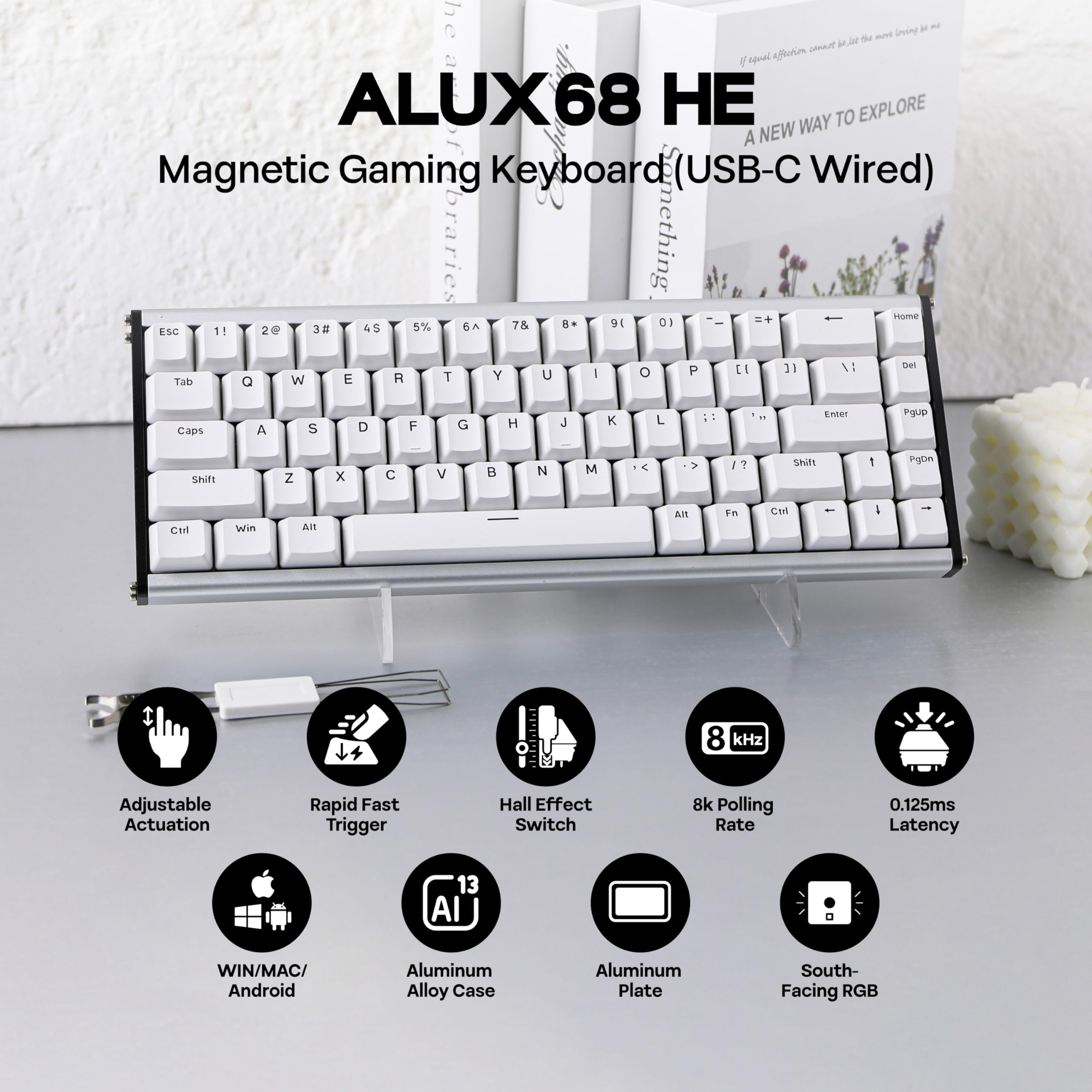 MechLands ALUX68 HE Tastiera Rapid Fast Gaming in alluminio, con interruttore magnetico, tastiera a effetto hall cablato con frequenza di polling 8K, latenza 0,125 ms, RGB (bianco, ALUX68 Plus)