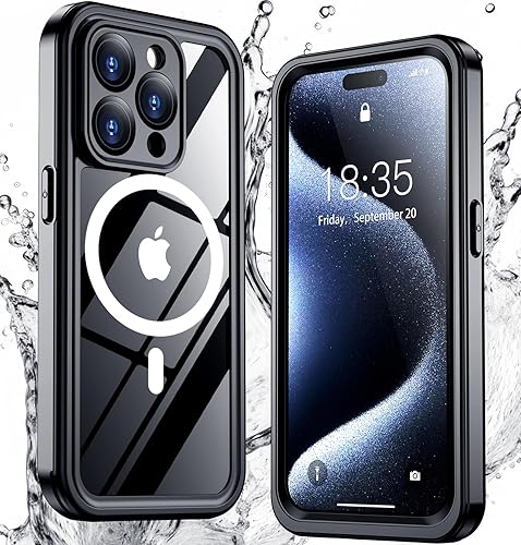Justcool Funda magnética para iPhone 15 Pro impermeable, protector de pantalla integrado y protector de cámara de vidrio templado, IP68 bajo el