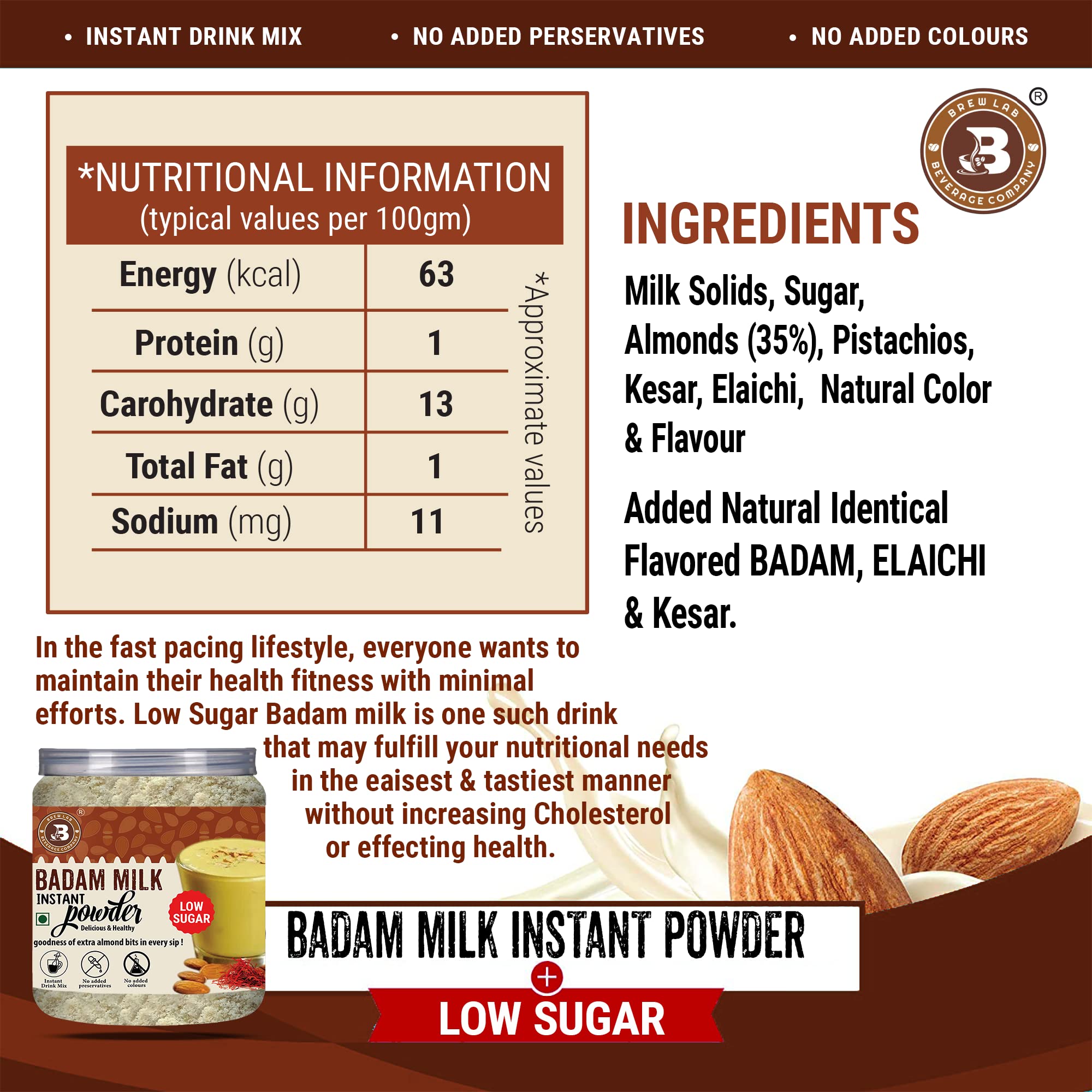 Brew Lab Instant Low Sugar Badam Milk Powder || with Kesar and Real Badam Pieces || 250gm 3