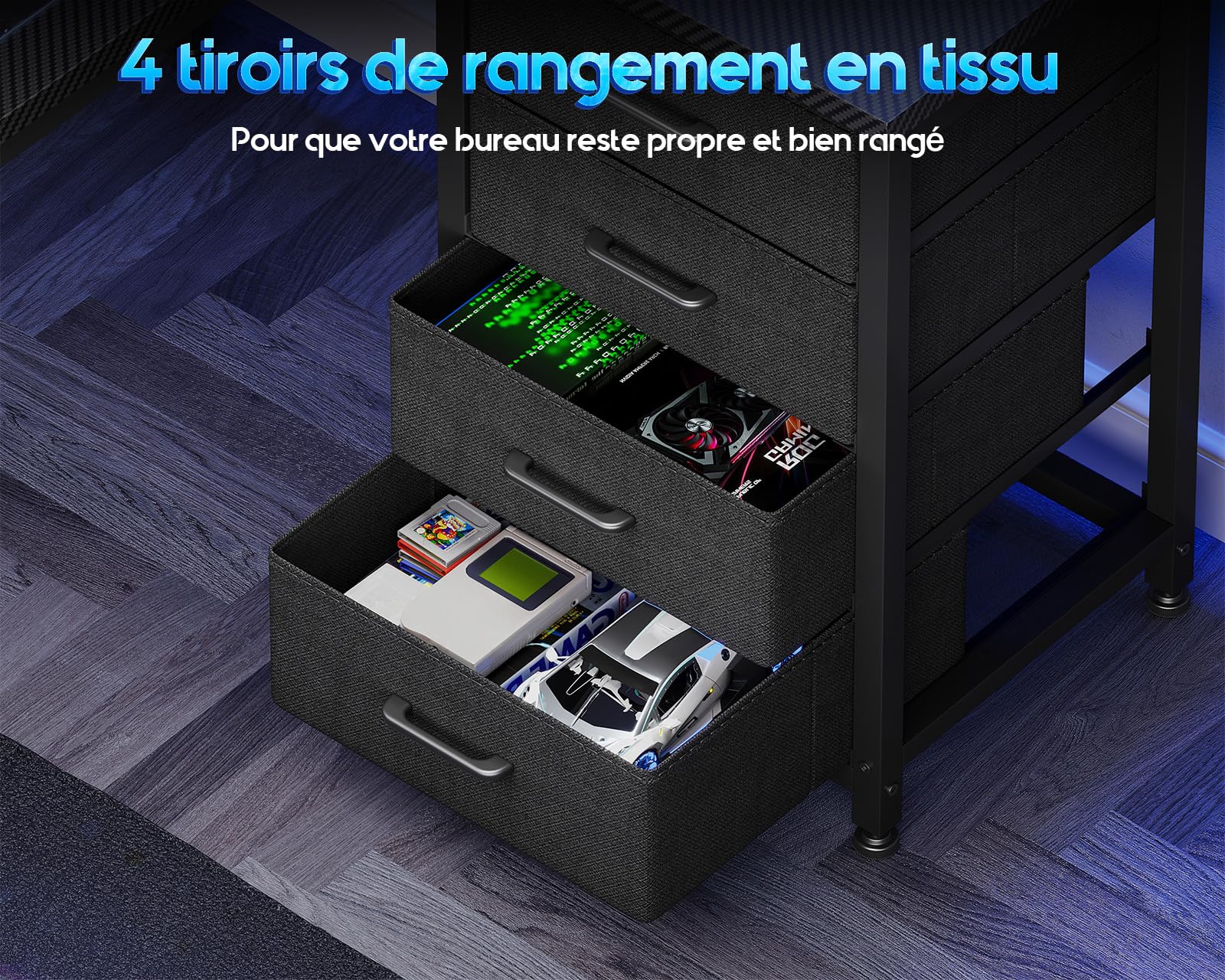 Coleshome Bureau Gaming avec LED, 110 x 80 cm Réversible Table Gaming avec Tiroirs et Prises de Courant, Bureau d'angle avec Compartiment de Rangement (Noir Carbone)