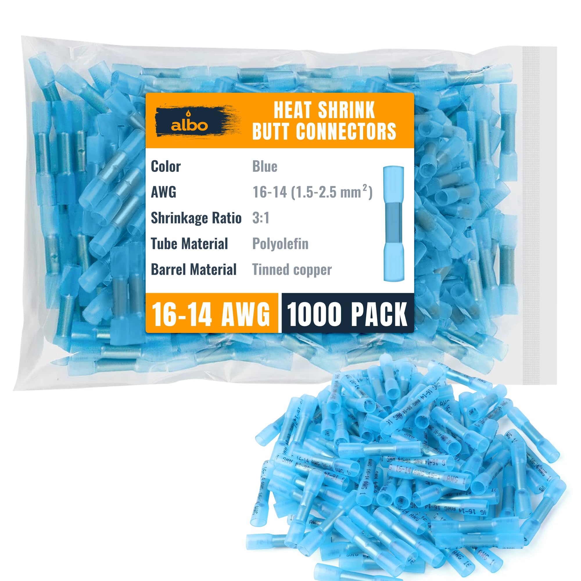 ALBO 1000 conectores termorretráctiles de 16 a 14 AWG, cobre estañado de 0,8 mm, conectores de alambre de crimpado aislados de grado marino, conectores eléctricos impermeables, empalme a tope para
