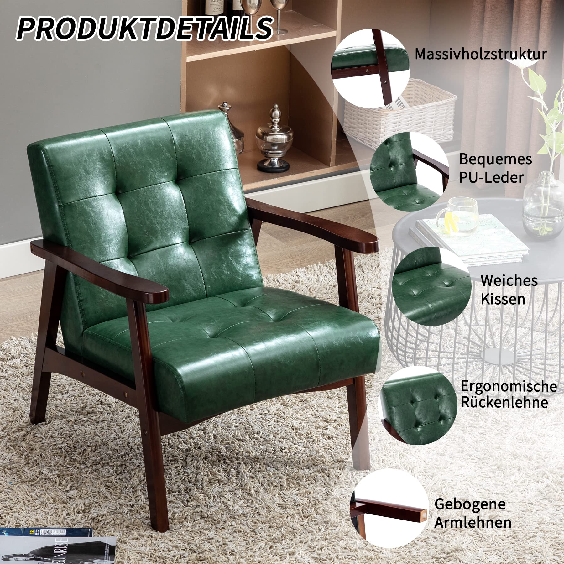 Retro Holzsessel Wohnzimmer Massivholz Gepolsterter Sessel Lounge Sessel mit Armlehnen mittelalterlicher Holzrahmen Designstuhl aus Kunstleder und Eiche für Schlafzimmer Café Balkon Grün