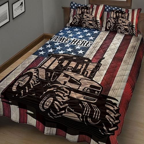 Miniatura 5 de OhaPrints Juego de ropa de cama y fundas de almohada con nombre personalizado de tractor con bandera de tractor, tamaño King, Queen, doble,