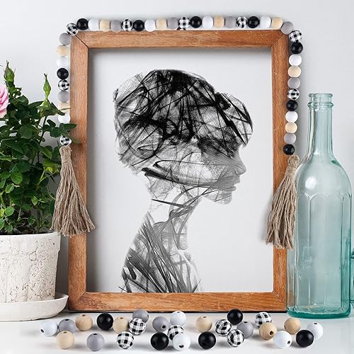 Miniatura 6 de FEPITO 250 cuentas de madera a cuadros  0.63 pulgadas (0.630 in) con estampado de cuadros naturales de búfalo para decoración y decoración del