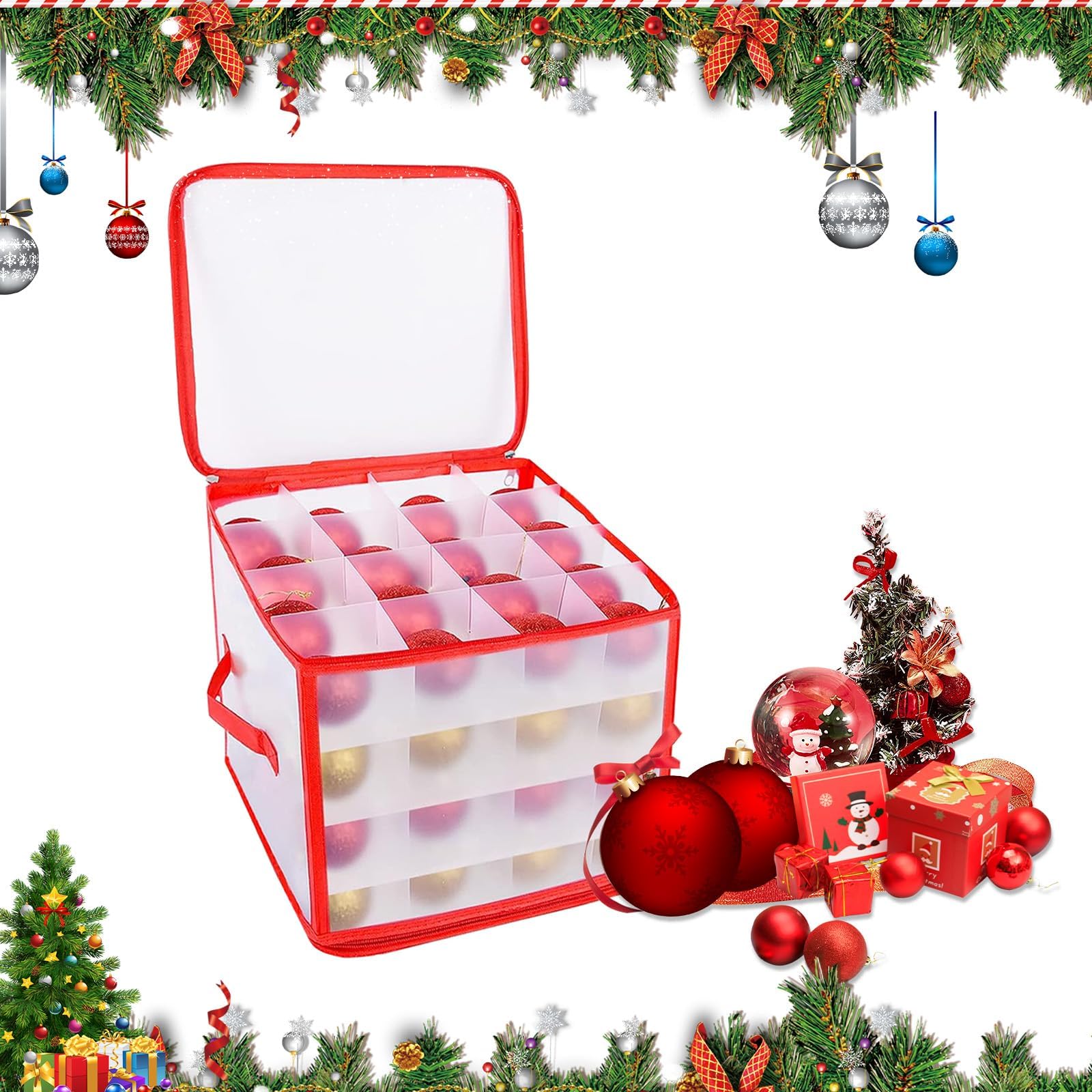 dellyy - Contenitore per palline di Natale, 64 scomparti da 7,5 cm, per 64 palline di Natale