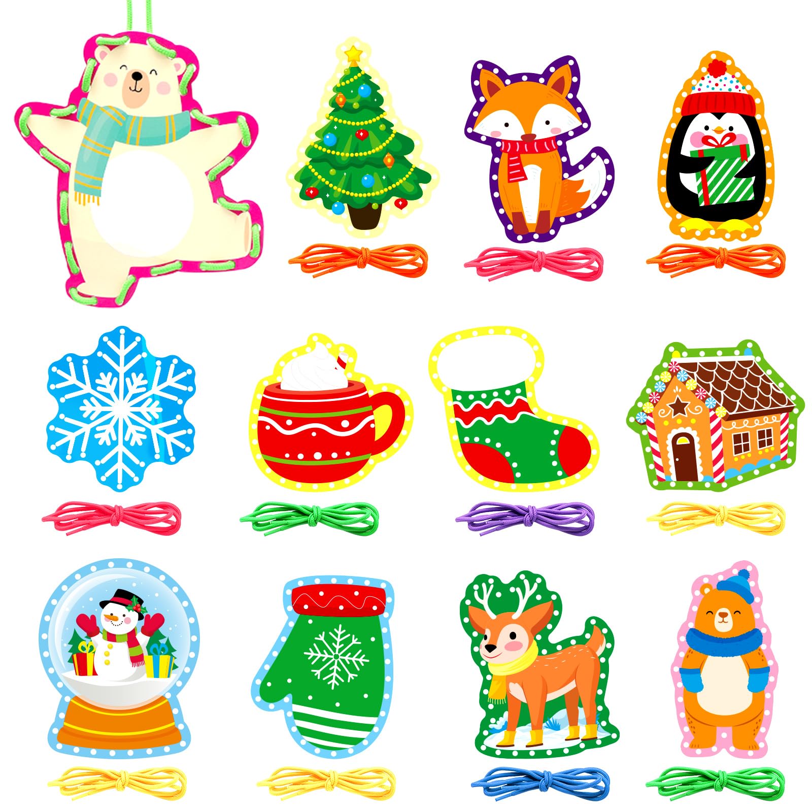 Omlisca Tarjetas de cordones de animales de invierno, 12 paquetes de kits de costura de doble cara, tarjetas de costura de Navidad, actividades educativas y de aprendizaje, habilidades motoras finas