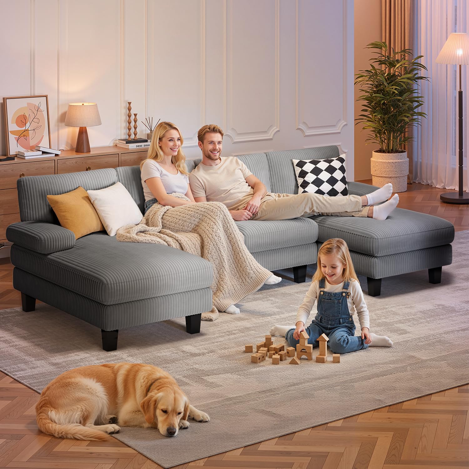 Xbro Sofa 4-osobowa w kształcie U, duża sofa rogowa do salonu, z materiałem sztruksowym, ciemnoszary, wymiary 270 x 122 x 86 cm