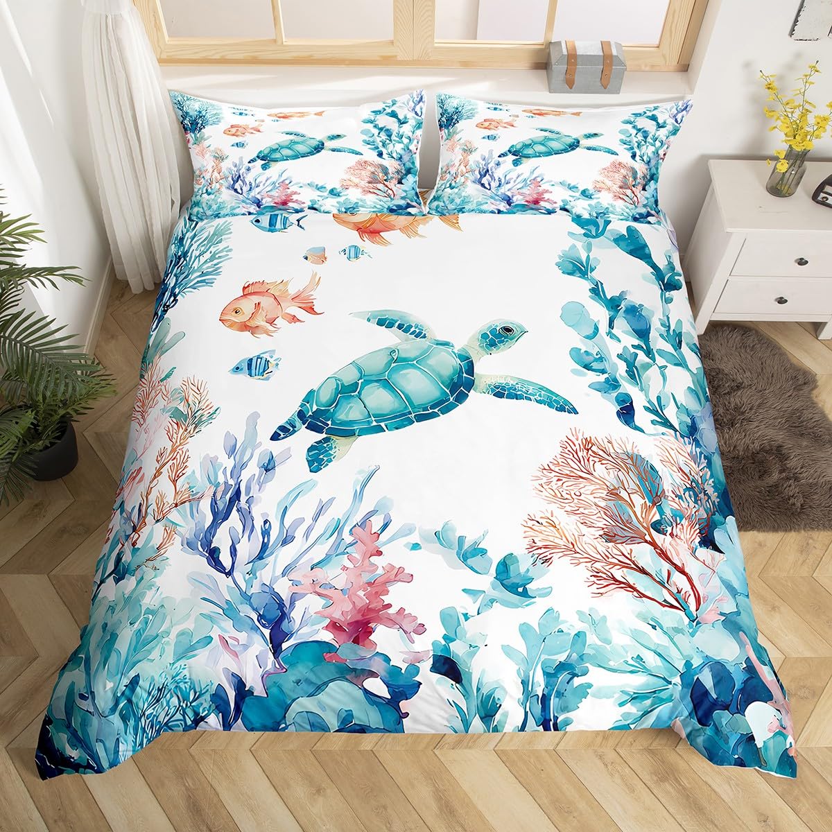 Homewish Ozeanschildkröte Bettwäsche 135x200 | Strandtiere bettbezug Set Mädchen Jugendliche Kinder Teal Blau Bettwäscheset Wildes Meeresleben bettset raumdekor Mikrofaser