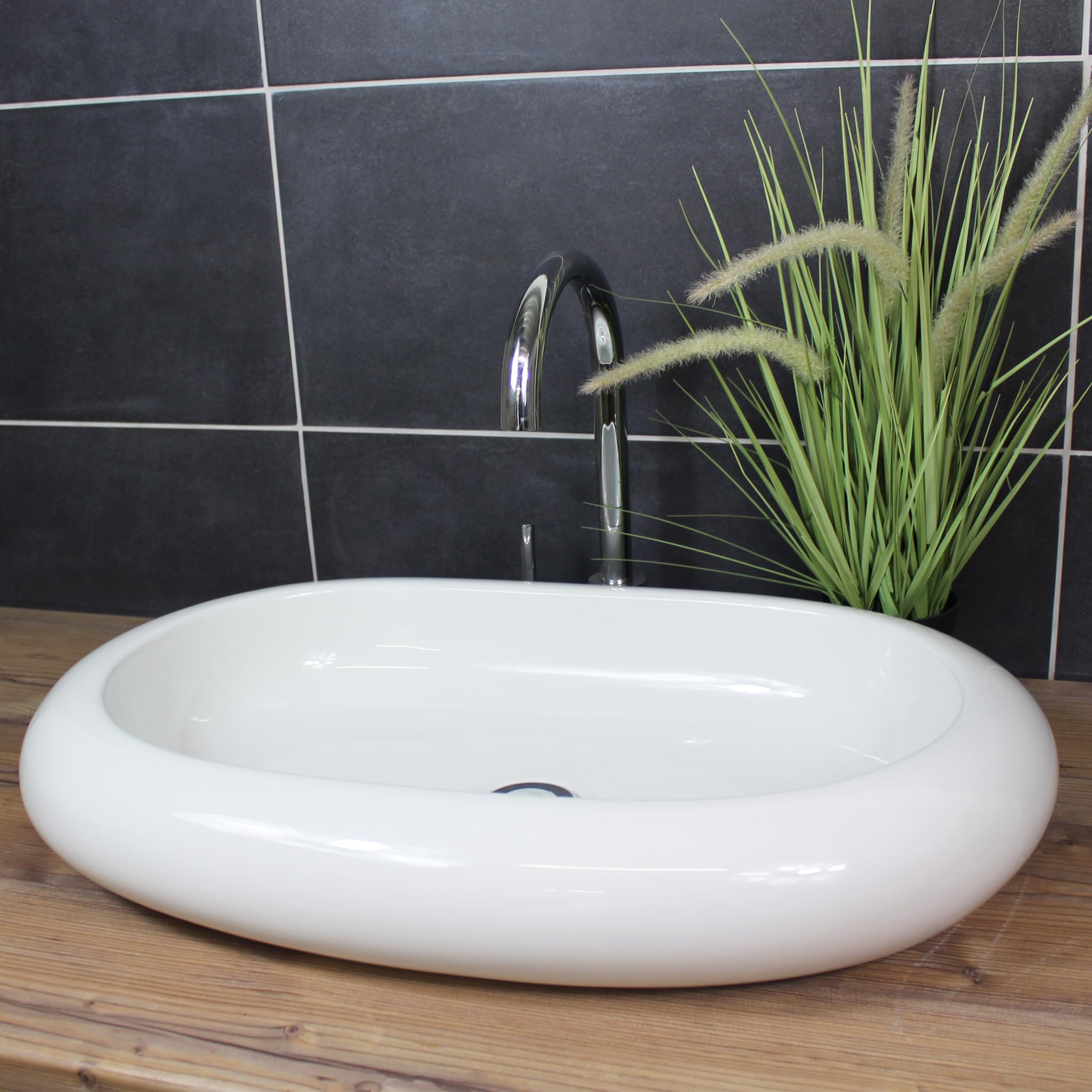Lavabo ovale da appoggio 62 x 40 x 10 cm, allungato, arrotondato, in ceramica, bianco, moderno, grande
