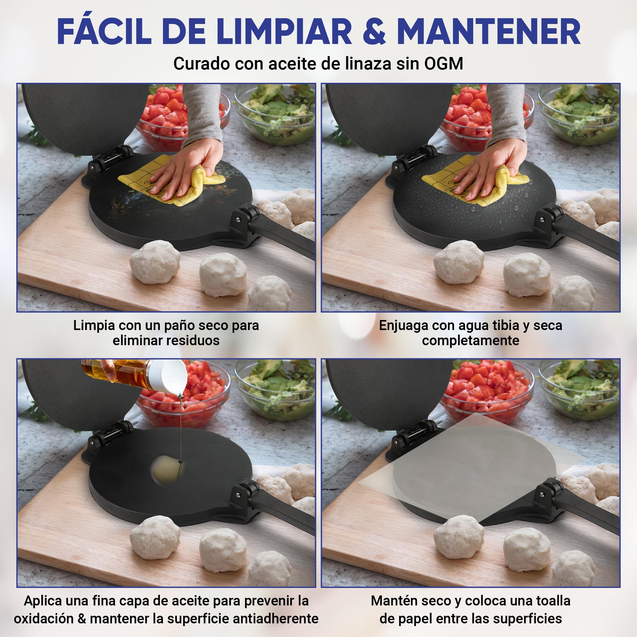 StarBlue - Prensa Para Tortillas En Hierro, 25 Cm De Diámetro, 100 Piezas De Papel Engrasado Y Libro Electrónico De Recetas, Ideal Para Hacer Chapatis, Tortillas Y Rotis Indios