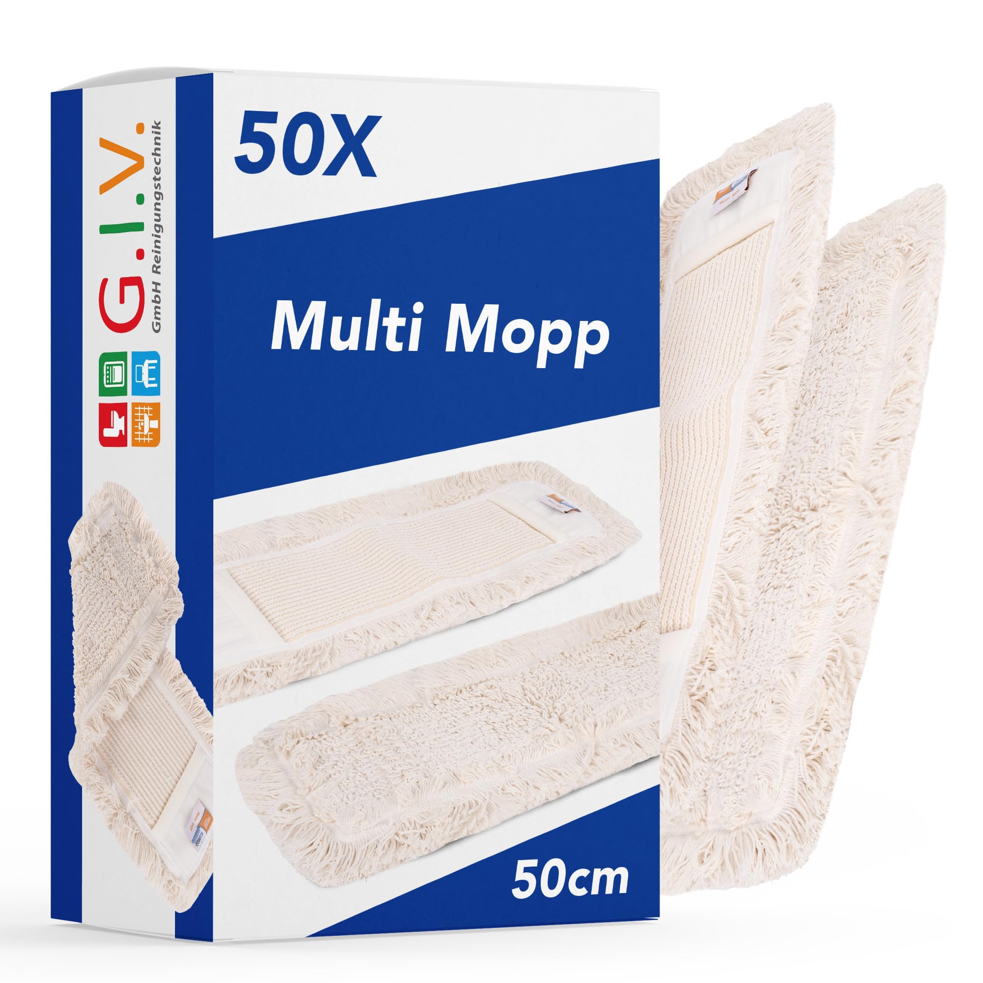 G.I.V. 10x Multi Mopp 50cm - Hochwertiger Baumwoll-Wischmopp + Polyester-Mix Bezug - für Industrie & Gebäudereinigung - Starke Saugkraft - Ersatzbezug Bodenwischer für alle gängigen Klapphalter (10x)