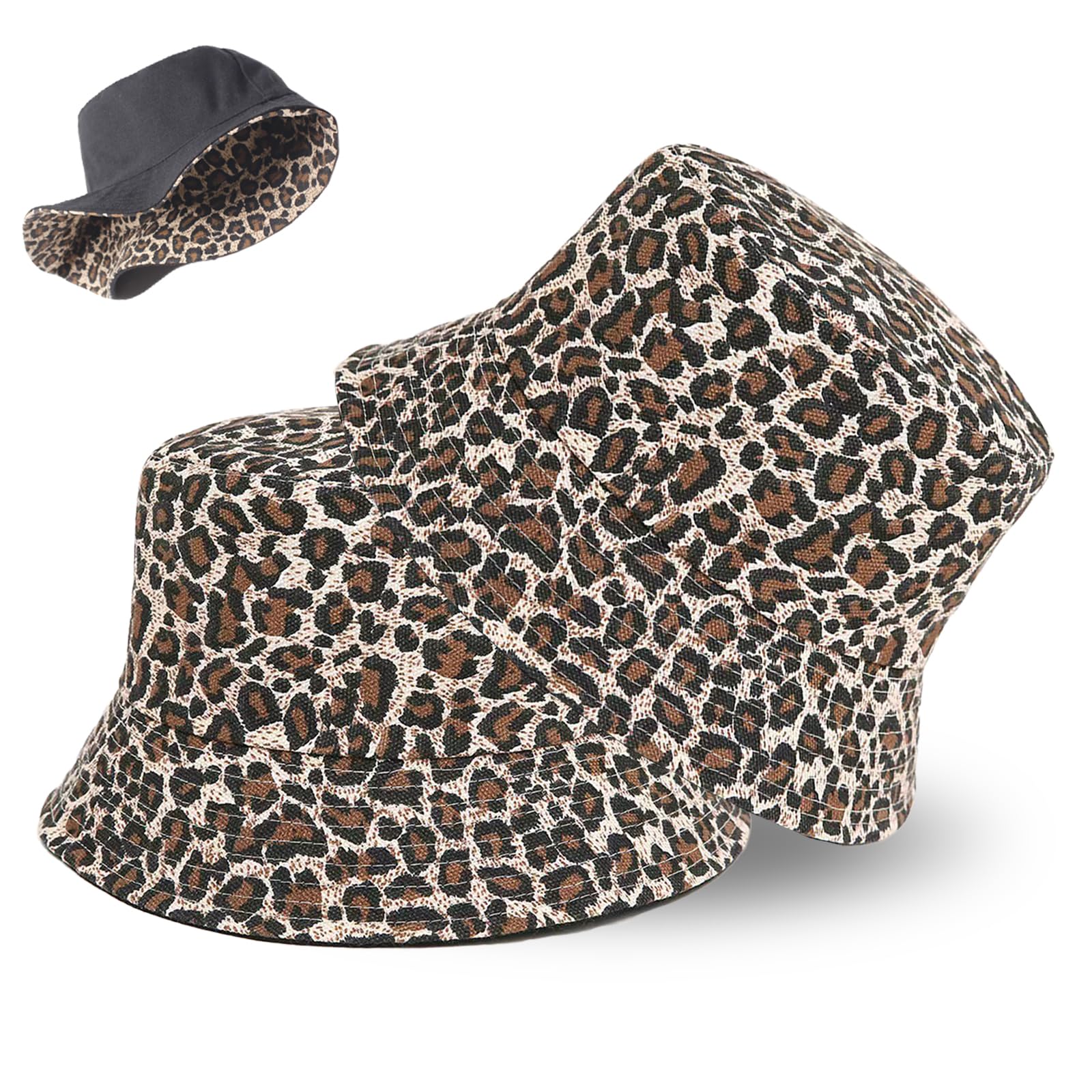 YOCHLEY 2 Pieces Bucket Hats Women, Leopard Print Fisherman Sun Hat, Reversible Double-Sided Sunshade Caps for Men Travel Fishing Camping Shopping Hiking Outdoor (One Size, 2 Leopard)