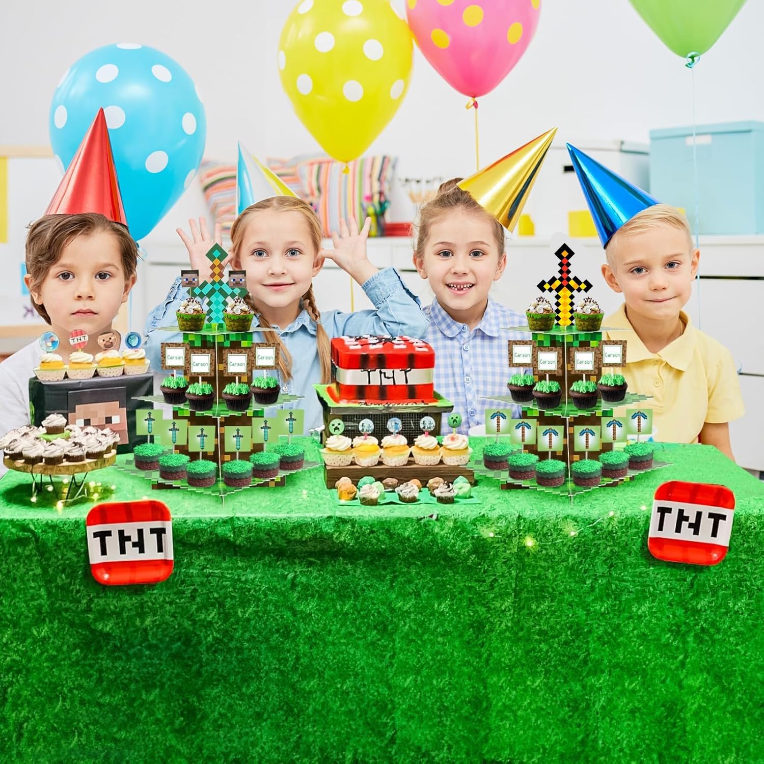 Pixel Cupcake Stand with 24 Pcs Cupcake Toppers, 3-Tier Dessert and Cupcake Holder for Gamer Birthday Party Supplies, Pixel Theme Birthday Decorations. image 3