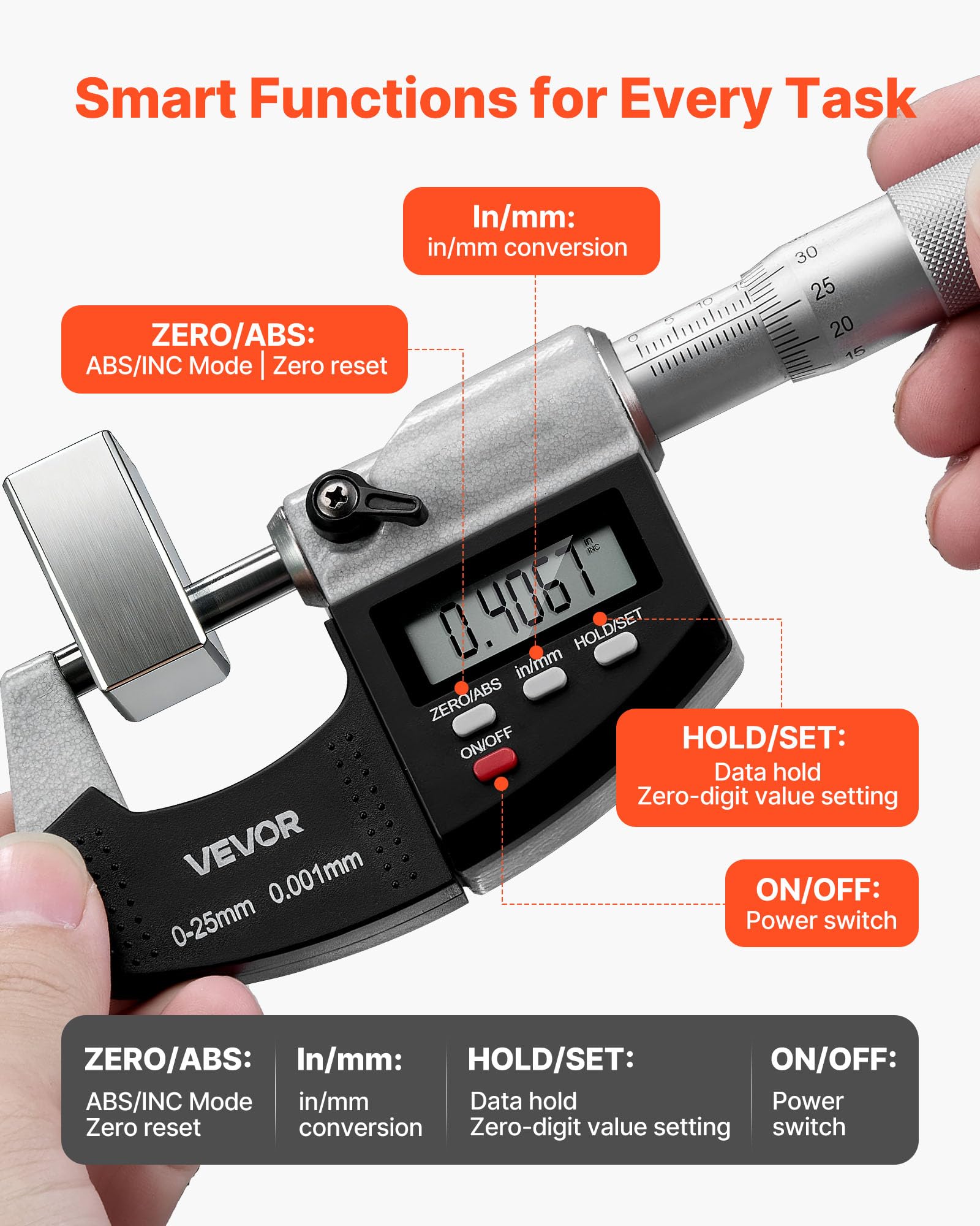 VEVOR Micrómetro Digital para Exteriores, Rango de Medición 0 a 25,4 mm, Resolución 0,001 mm, Precisión Ultrarrápida de 0,0001, Pantalla LCD, Punta de Carburo y Estuche Protector, 165 x 60 x 25 mm
