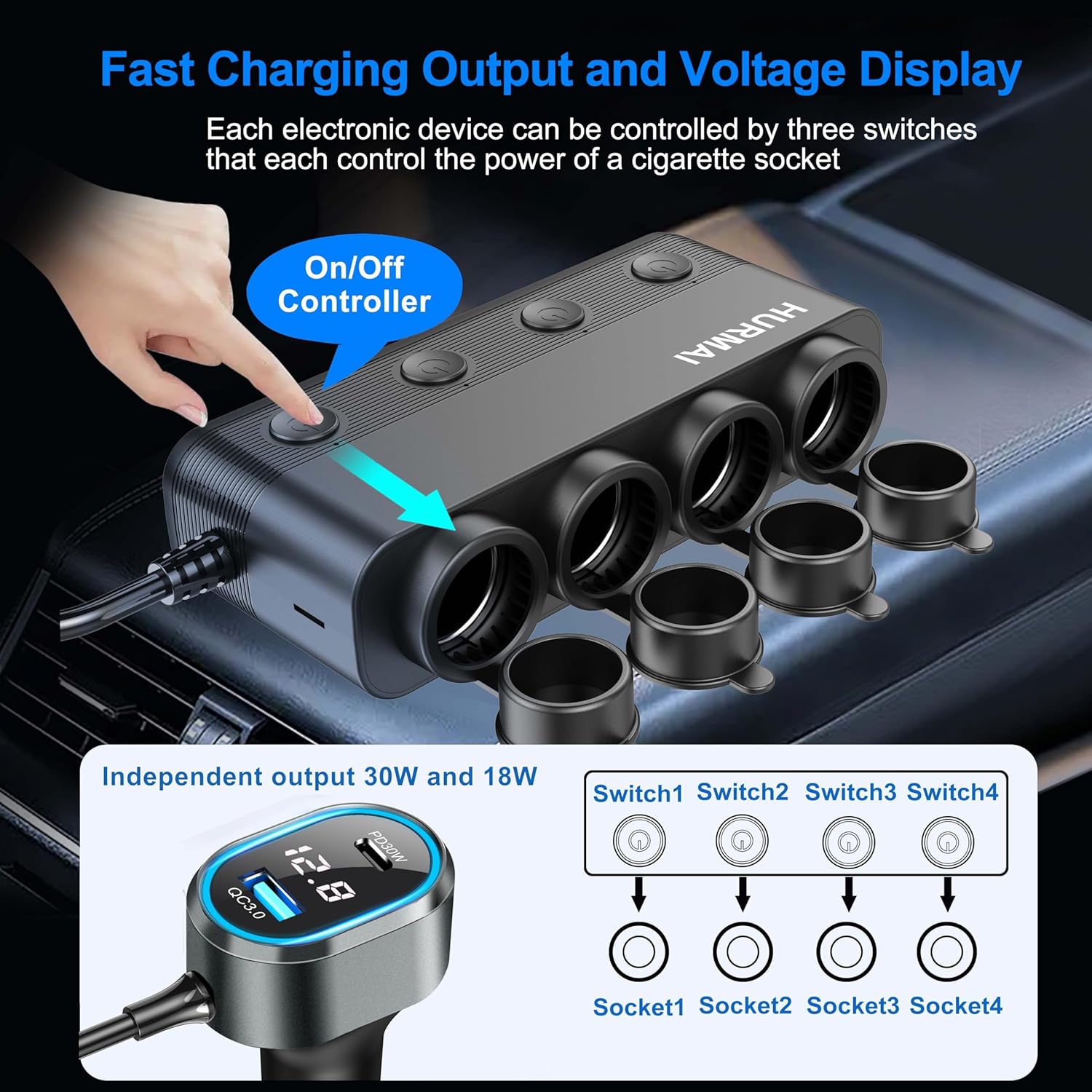 8 in 1 Cigarette Lighter Splitter, 264W 4 Socket Cigarette Lighter Adapter,Type-C QC3.0 PD 30W Charging, Heavy Duty Truck Car USB Chager Multi Plug Outlet 12V/24V Independent Switches, LED Voltmeter