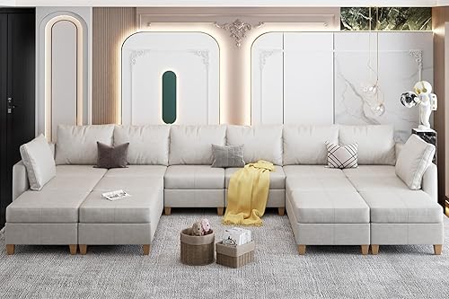 Miniatura 34 de EASE MOOSE Modualr - Sofá modular en forma de U con otomanas de almacenamiento, sofá modular de piel sintética gris, blanco y Blanco