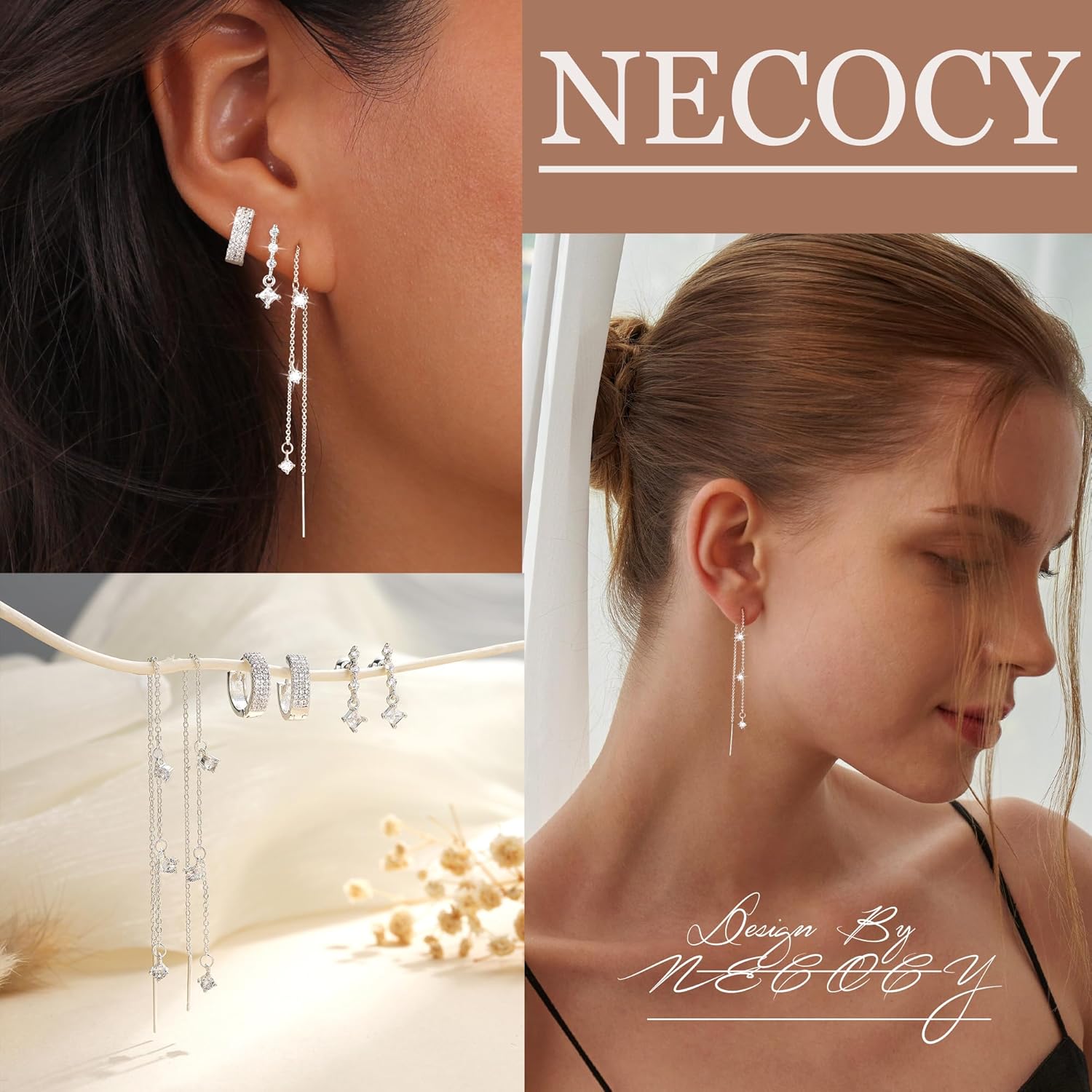 NECOCY Christmas Gift 14K Gold Plated Chain Earrings for Women 3/4 Pairs Dangle Dainty Stack Hoop Earrings Set Trendy Cubic Zirconia Stud Earrings for Women Jewelry - Image 5