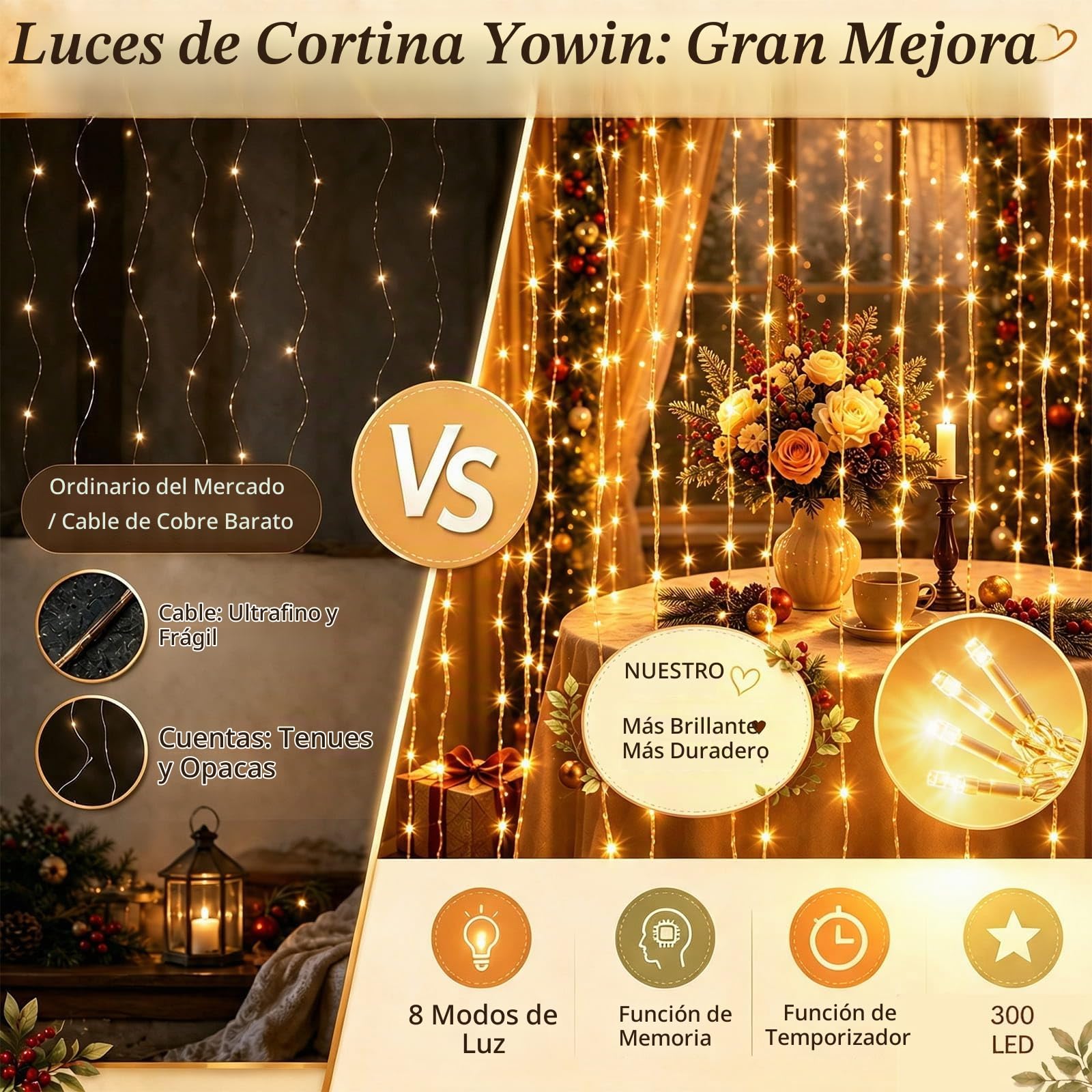 yowin 2 Piezas Cortina Luces Navidad 300 LED 3x3M Guirnalda Luces Exterior