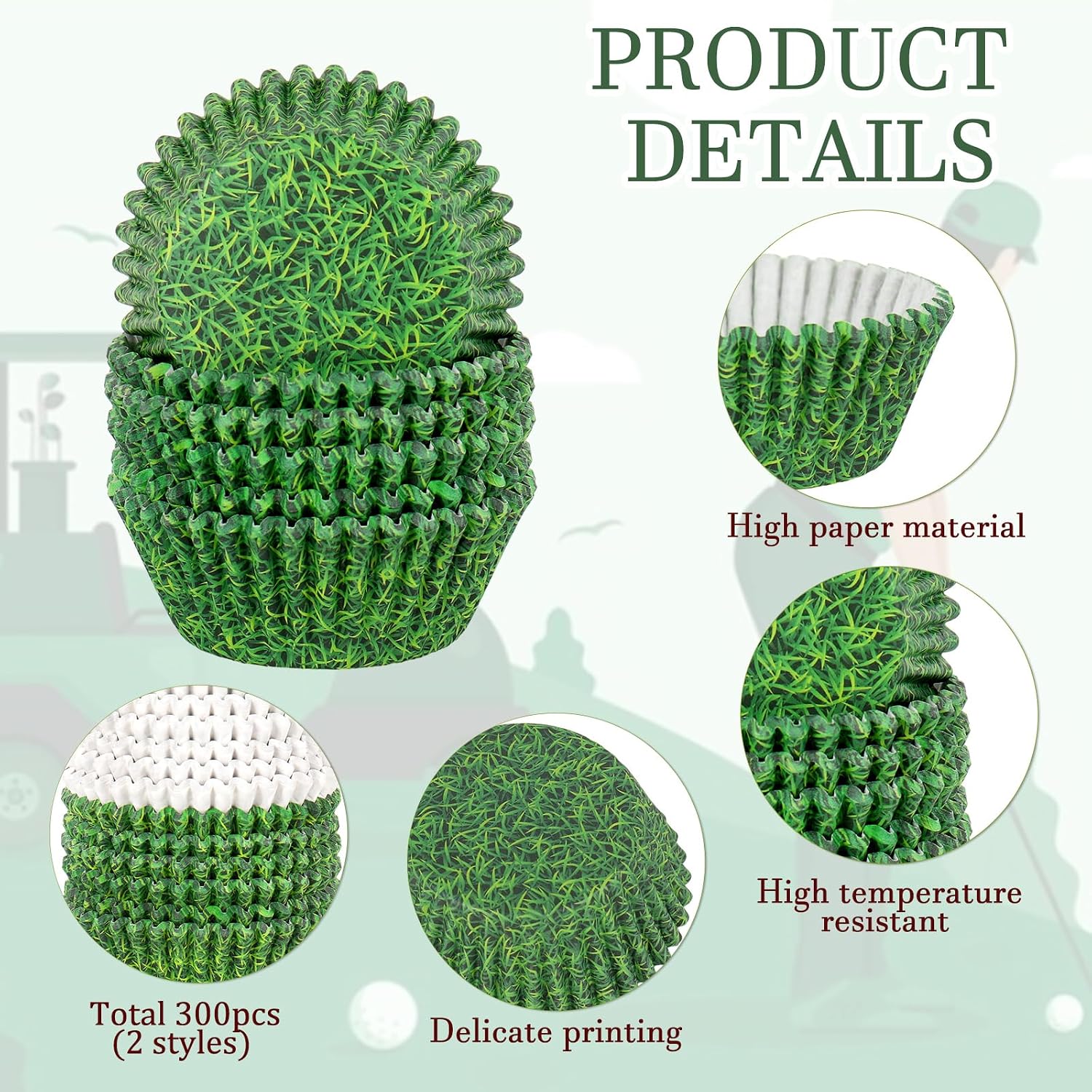 FYSUIMU 300Pcs Golf Cupcake Liner Green White Golf Ball Paper Baking Cup Muffin Liner Cake Storage Container for Sport Party DIY Crafts Supplies