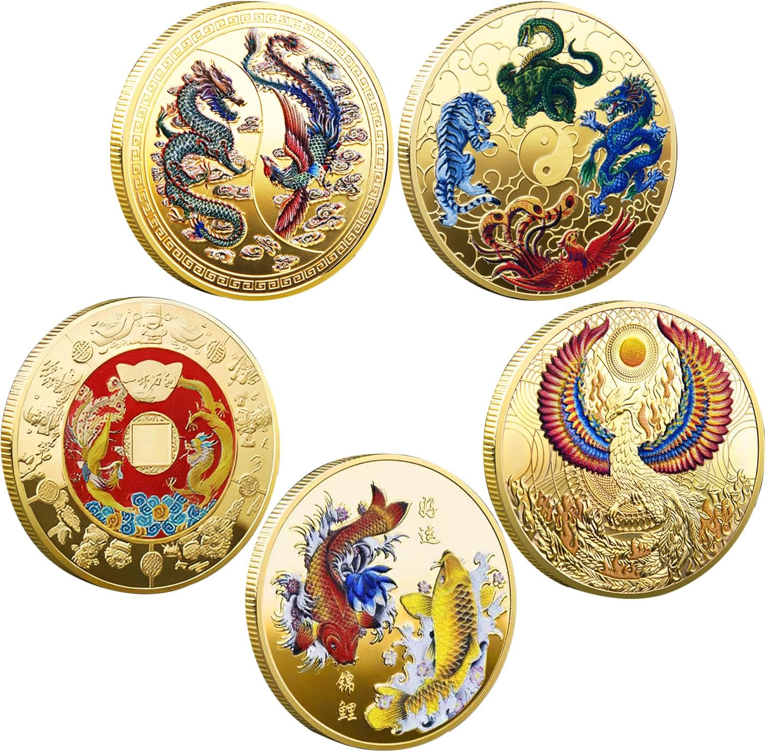 5 Pcs Chinese Lucky Coin Chinese Dragon and Phoenix Zodiac Coins Ancient MMythical Beasts Lucky Charms for Office Fortune Collection Gifts with Protective Case