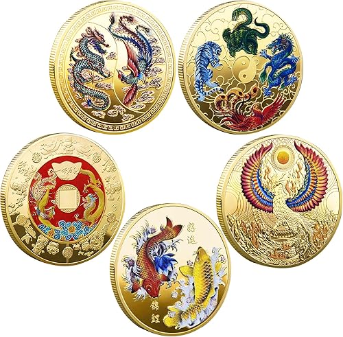 5 piezas de monedas de la suerte chinas de dragón chino y fénix monedas del zodiaco de bestias milíticas antiguas para oficina, colección de