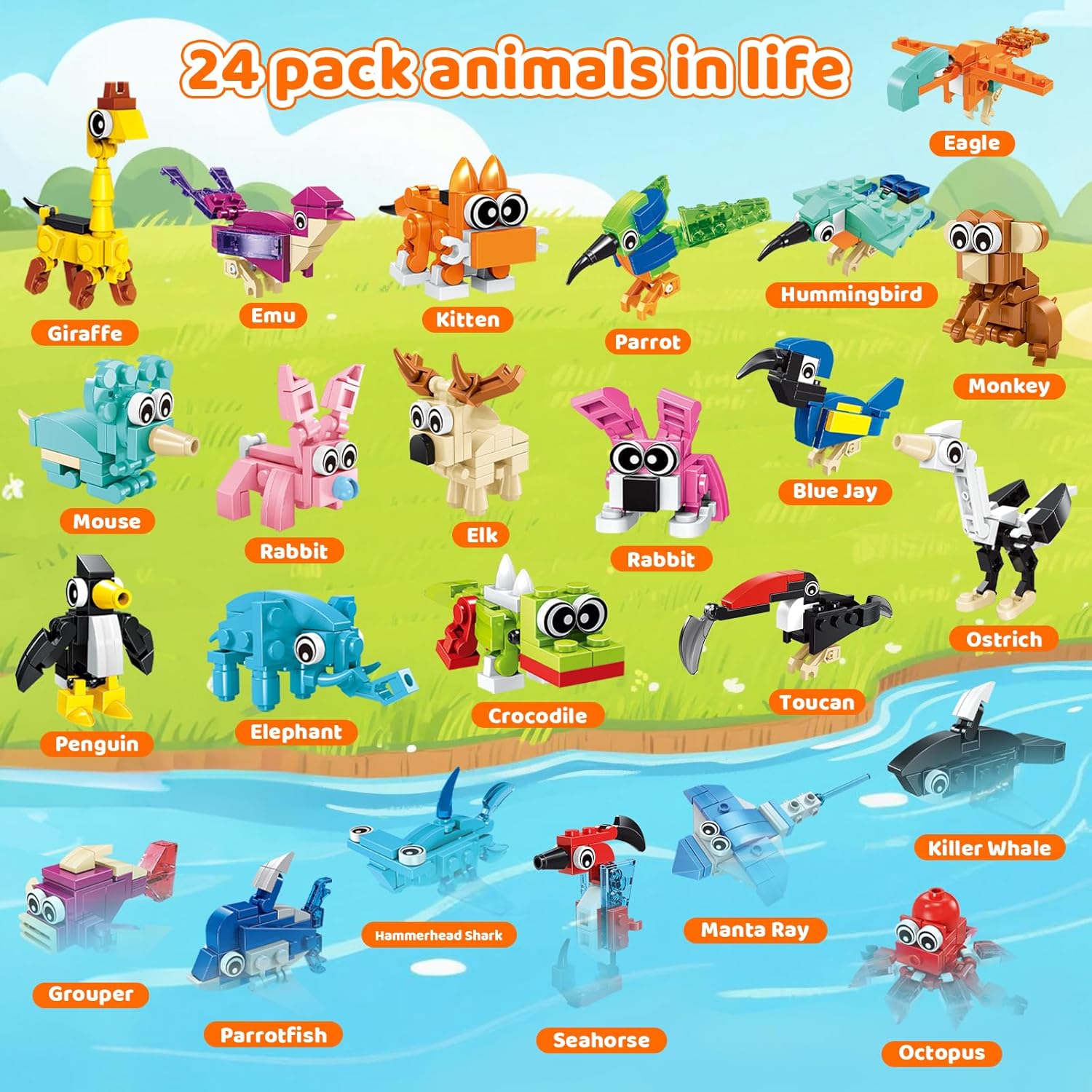 24 Pack Mini Animals Easter Building Block Toy Stocking Stuffers Classroom Prizes Goodie Bags Fillers Building Set, Birthday Gifts Party Favors for Boys Girls Ages 6 8 10 12