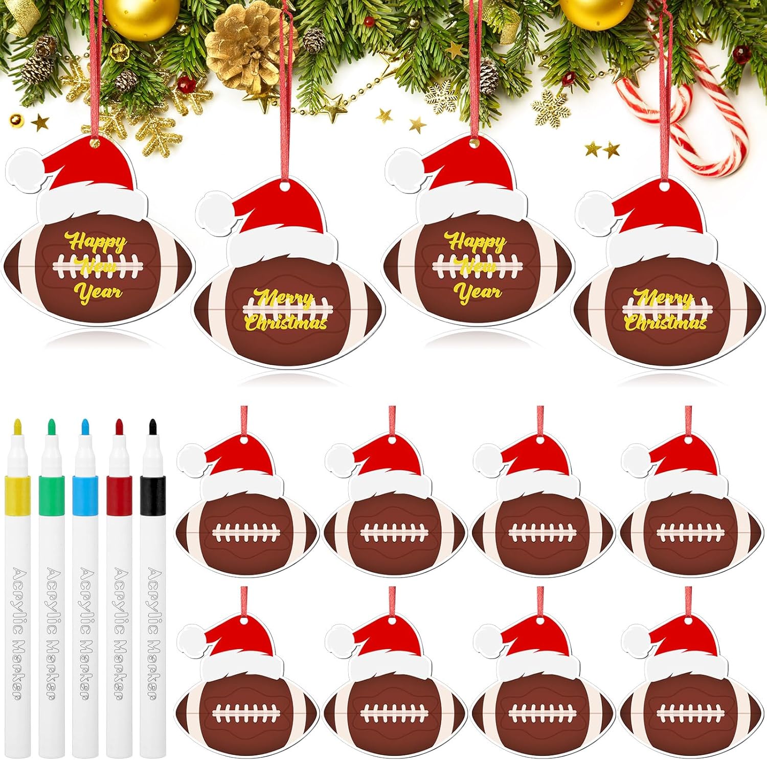 Thyle 12 Pcs Football Christmas Ornaments 4 Inches Acrylic Sports Ball Ornaments Christmas Tree Hanging Decoration with 5 Color Pens for Team Gifts Xmas Holiday Party Supplies